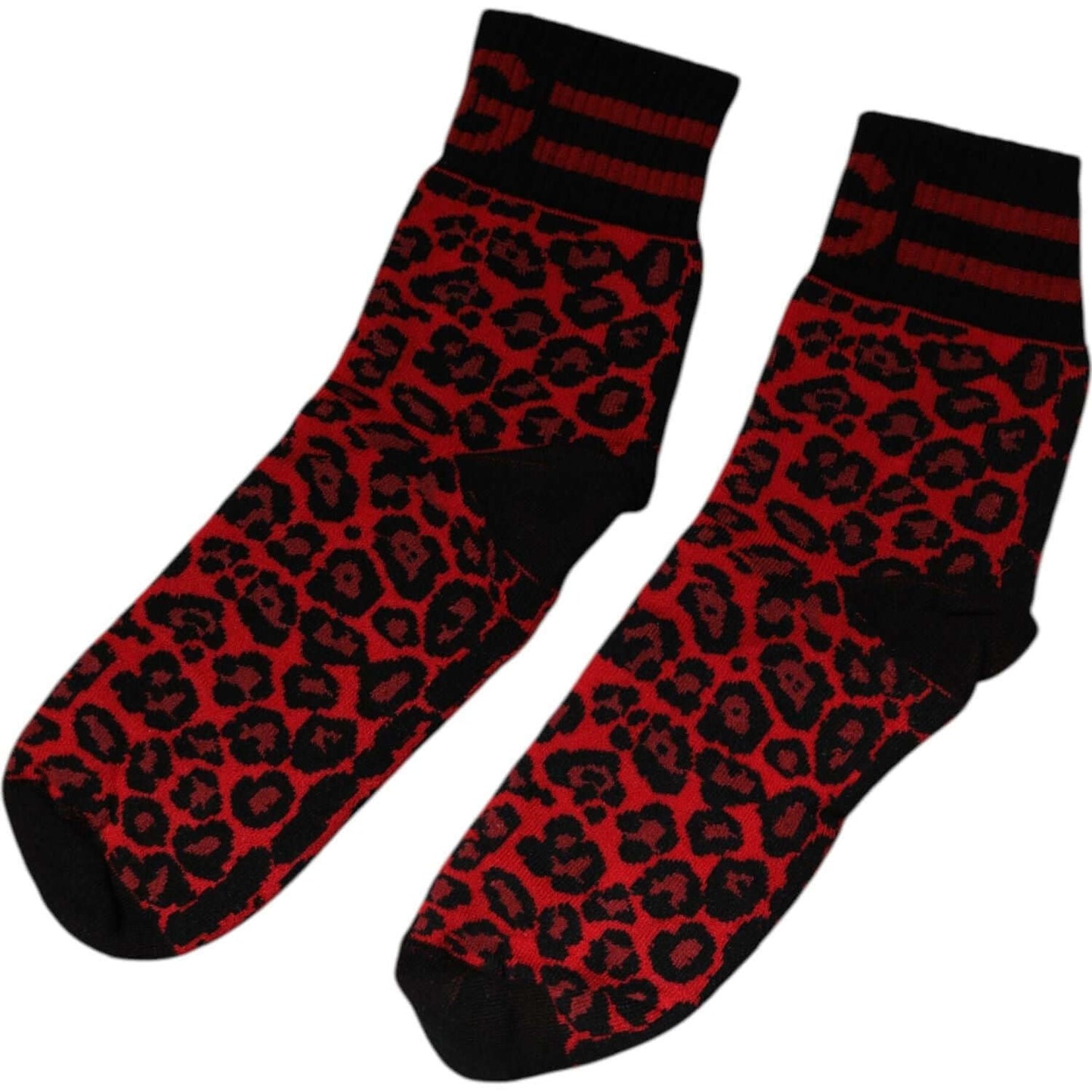 Dolce & Gabbana red leopard print mid calf men's socks in nylon and cotton blend, featuring logo details, made in Italy.