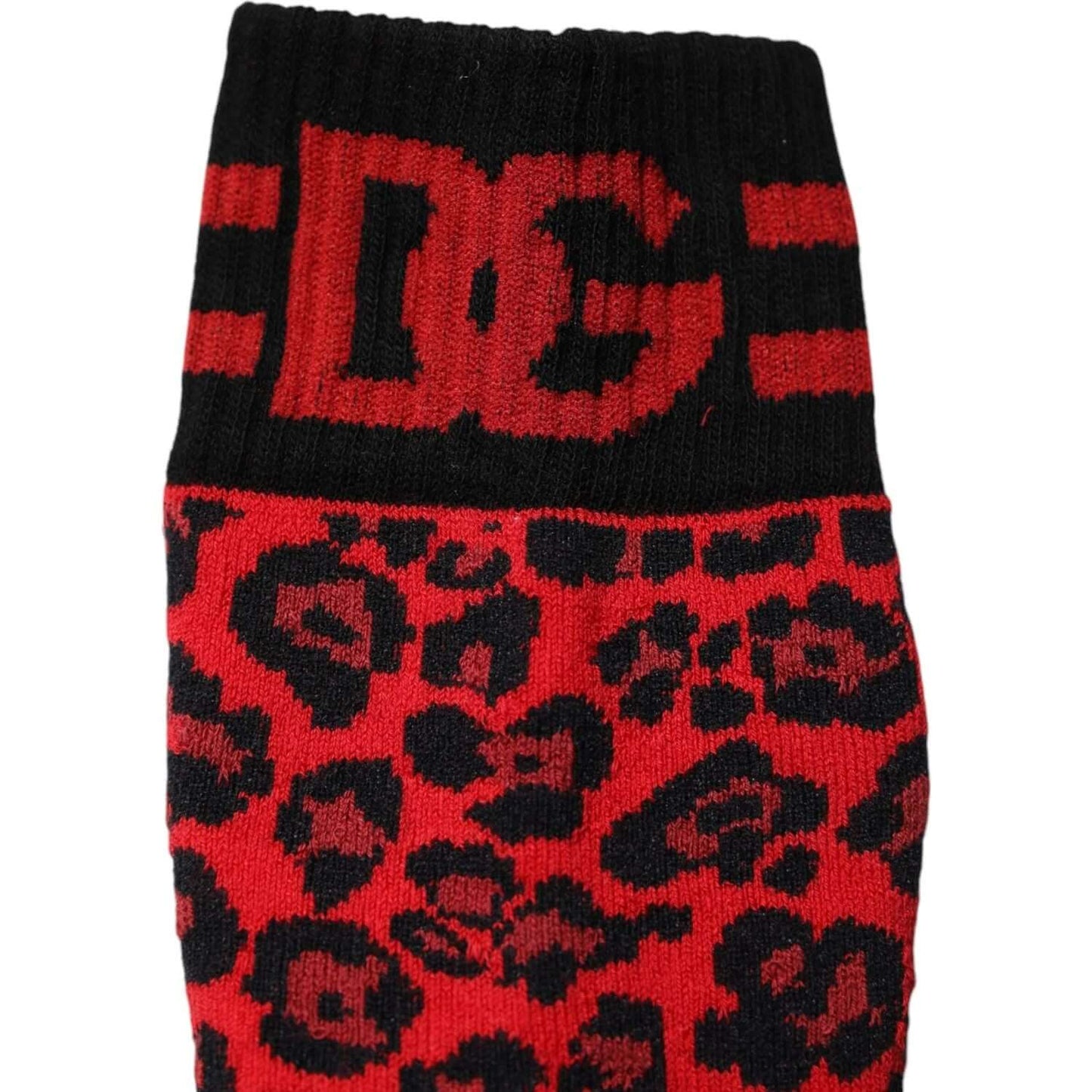 Dolce & Gabbana men's red and black leopard print nylon mid calf socks with logo detail, made in Italy.