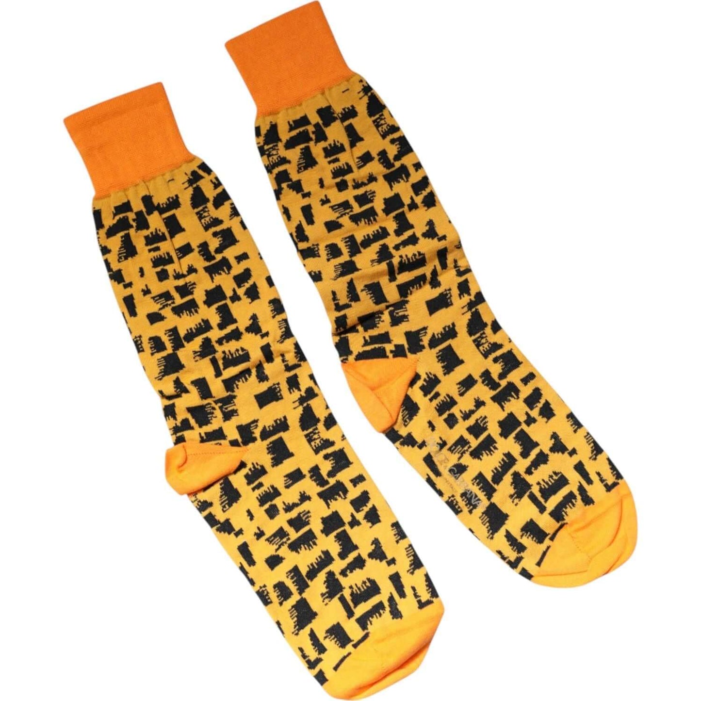 Dolce & Gabbana yellow black print mid calf men's socks, Italian made, showing brand logo details.
