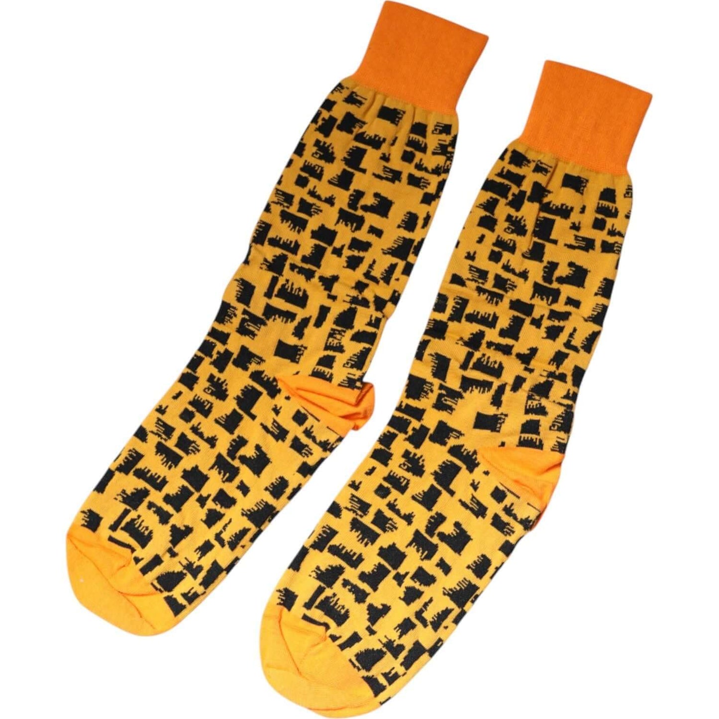 Dolce & Gabbana yellow black print mid calf men's socks with logo details, made in Italy, stylish and high-quality fashion accessory.