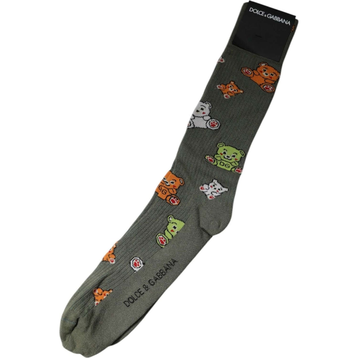 Dolce & Gabbana men's green nylon mid calf socks with DG bear print, made in Italy, featuring logo details.