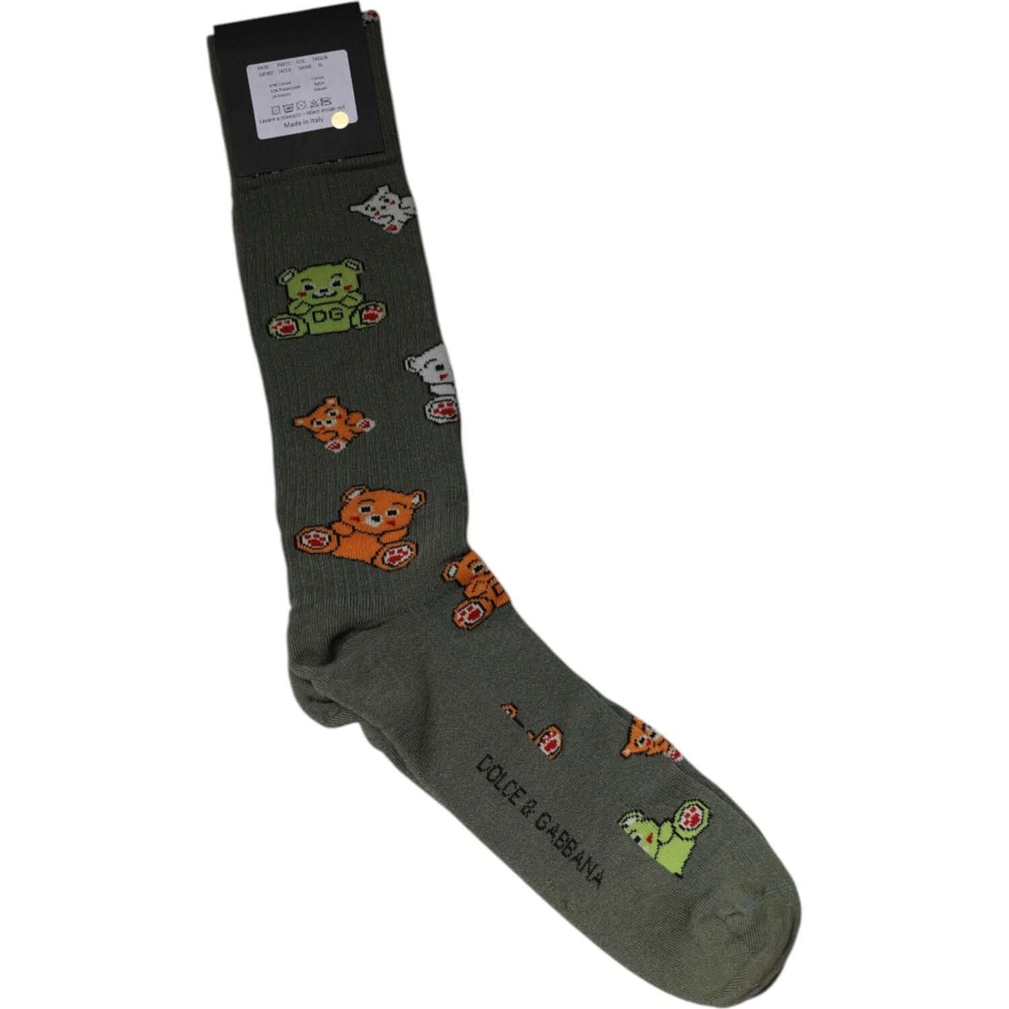 Dolce & Gabbana green nylon mid-calf socks with bear print, men's fashion, made with nylon-cotton blend, logo detail, made in Italy.