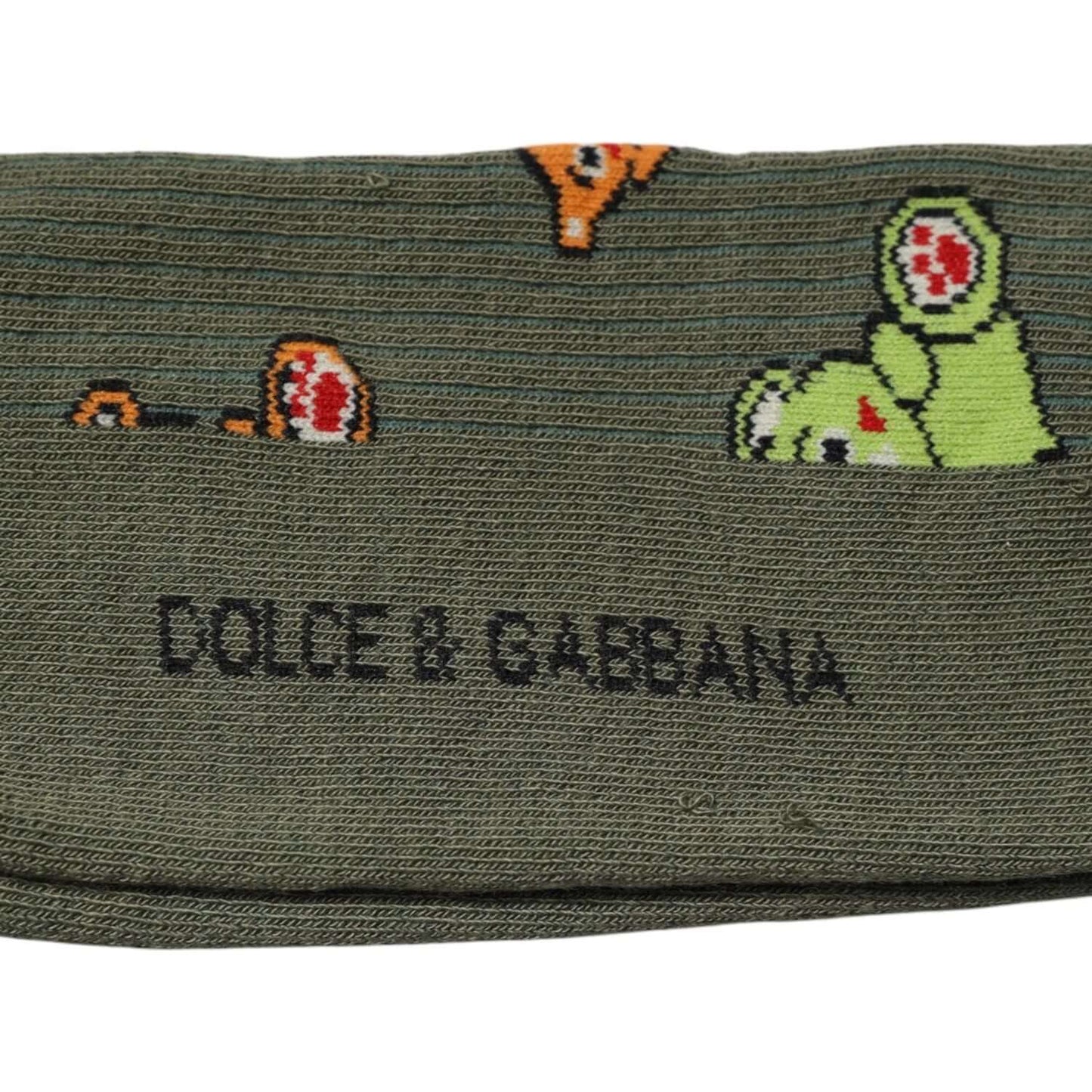 Dolce & Gabbana green nylon DG bear printed mid calf socks with logo detail, featuring a playful bear design. Made in Italy.