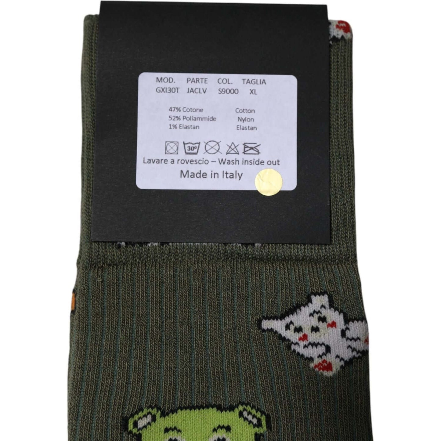 Dolce & Gabbana green nylon DG bear printed mid calf socks with logo, Italian-made, tags visible.