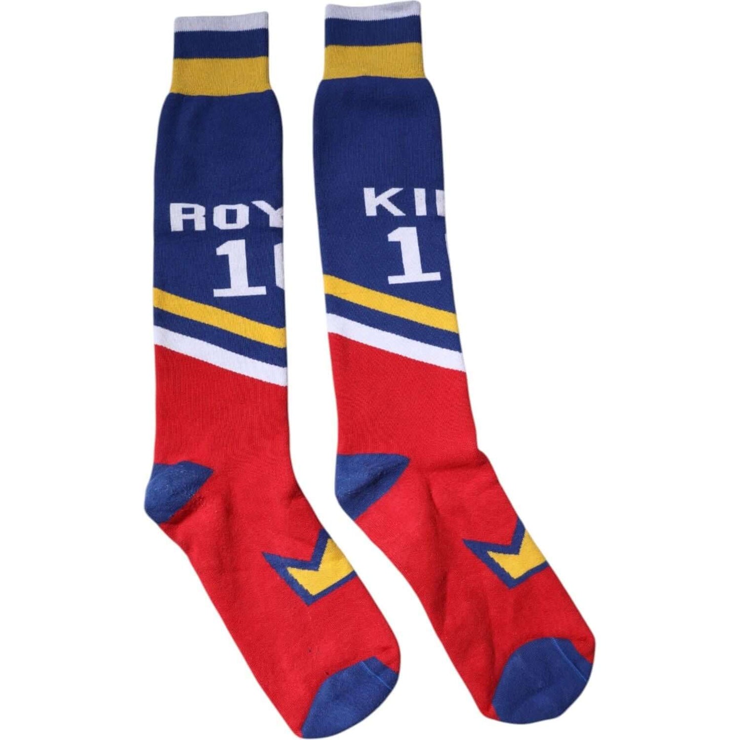 Colorful over the calf socks with multicolor print, featuring blue, red, and yellow hues. Cotton blend by Dolce & Gabbana.
