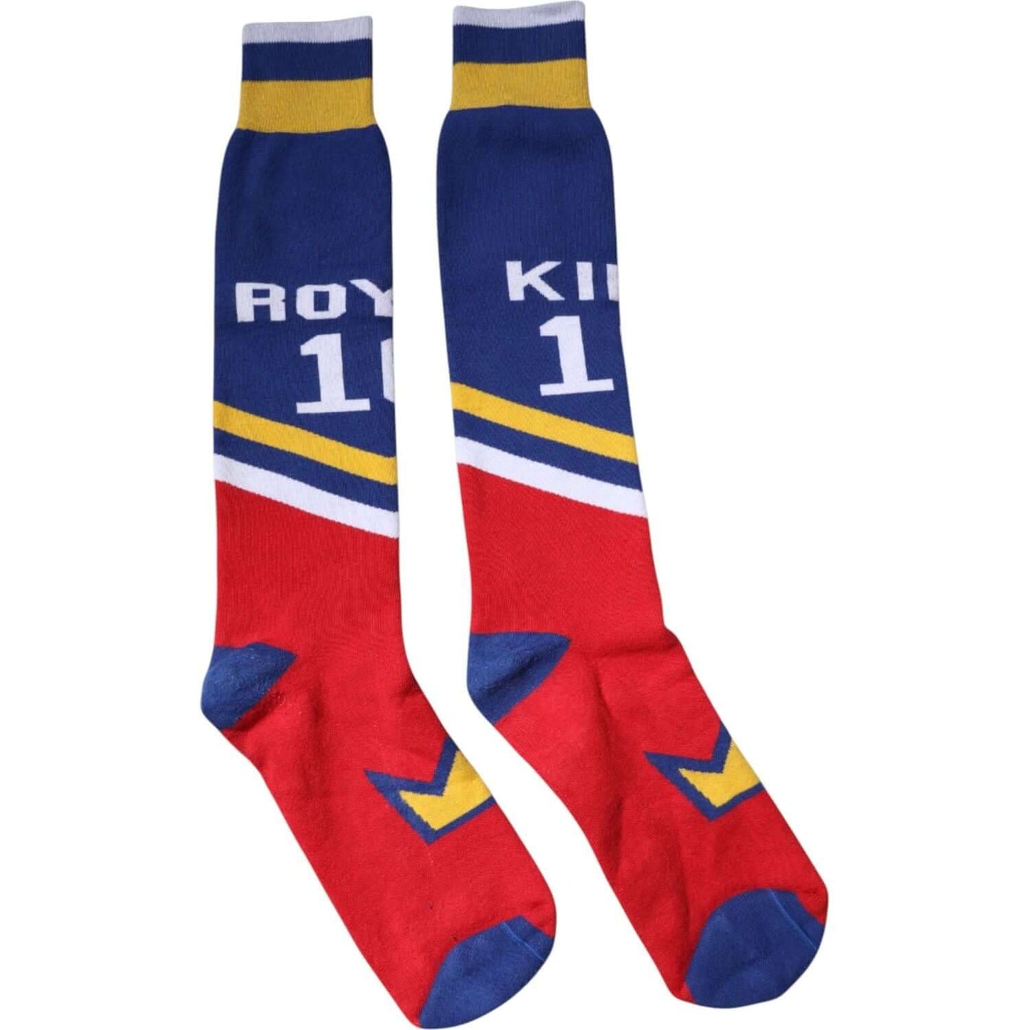 Dolce & Gabbana multicolor printed cotton over calf socks, featuring logo details and vibrant design. Made in Italy.