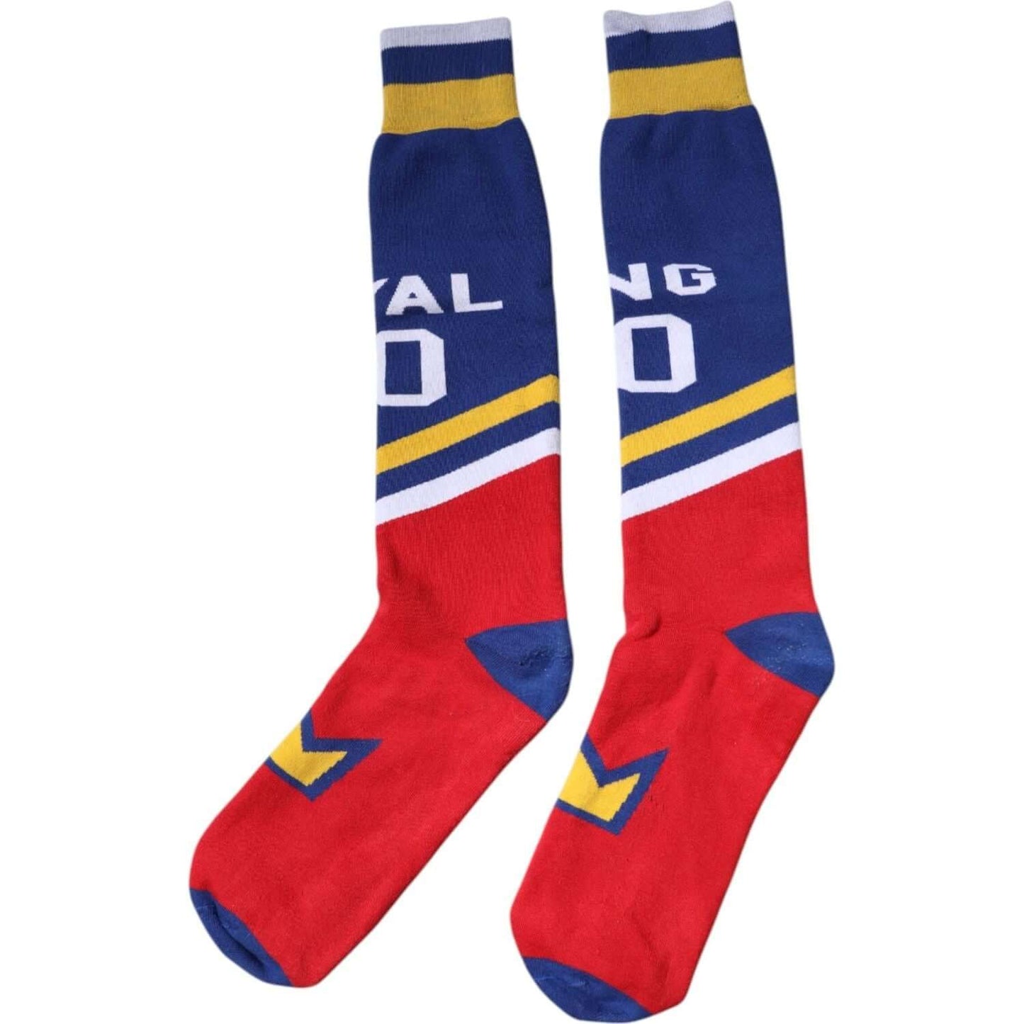 Dolce & Gabbana multicolor cotton over calf socks with print, featuring logo details. Made in Italy. 88% cotton, 10% nylon, 2% elastane.