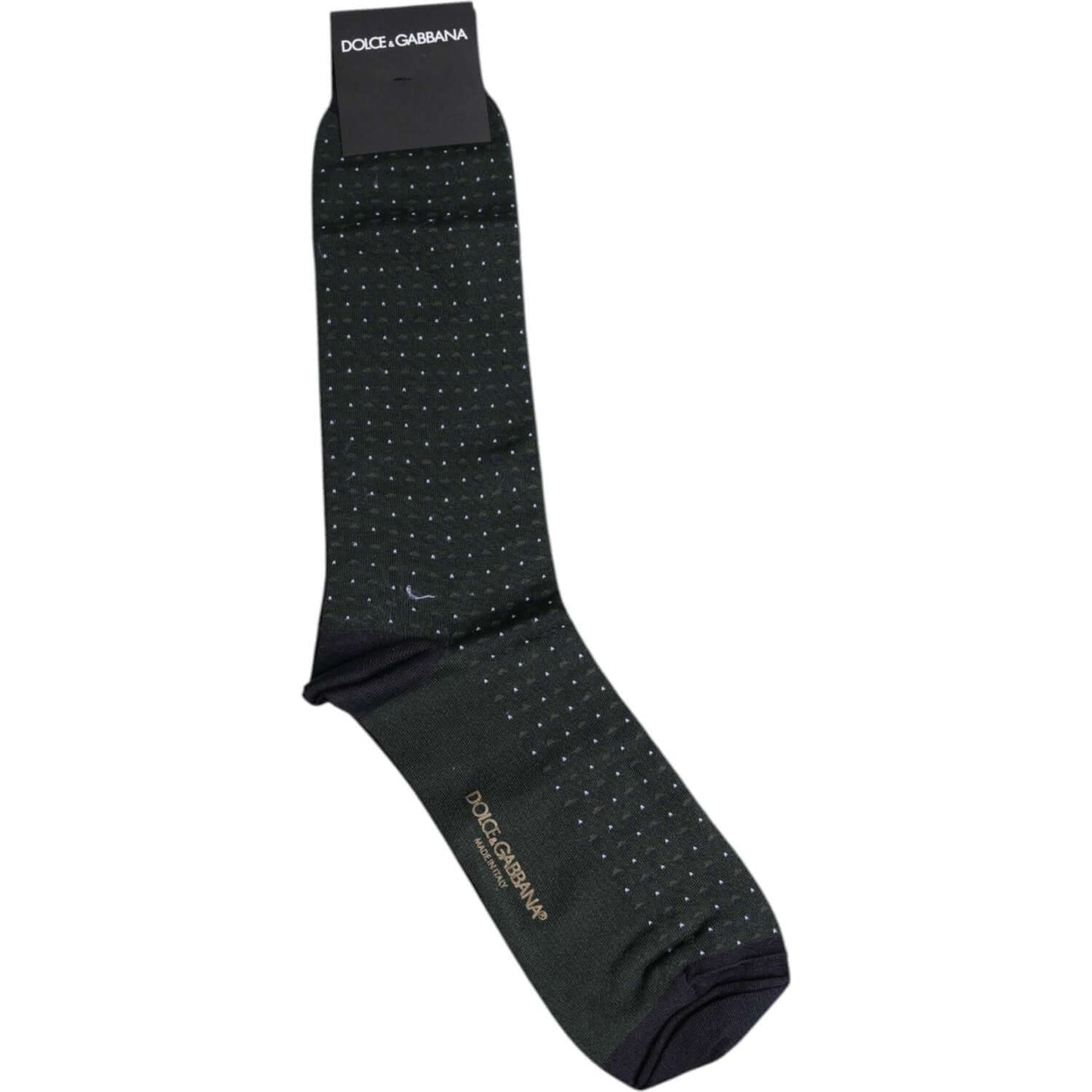 Dolce & Gabbana black polka dot mid calf cotton socks with logo details, made in Italy, featuring minor defects like pulled threads.