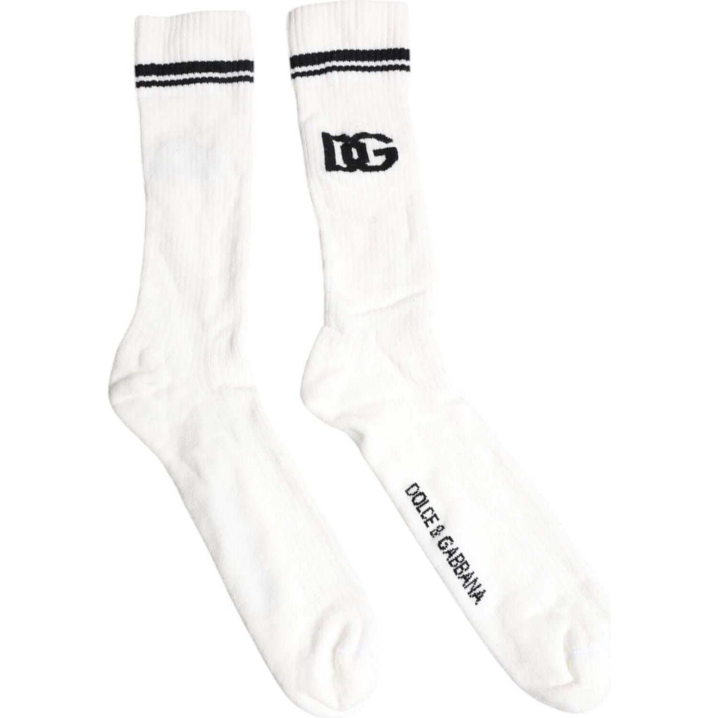 Dolce & Gabbana white black DG logo print stretch mid calf socks, unisex cotton blend, made in Italy.