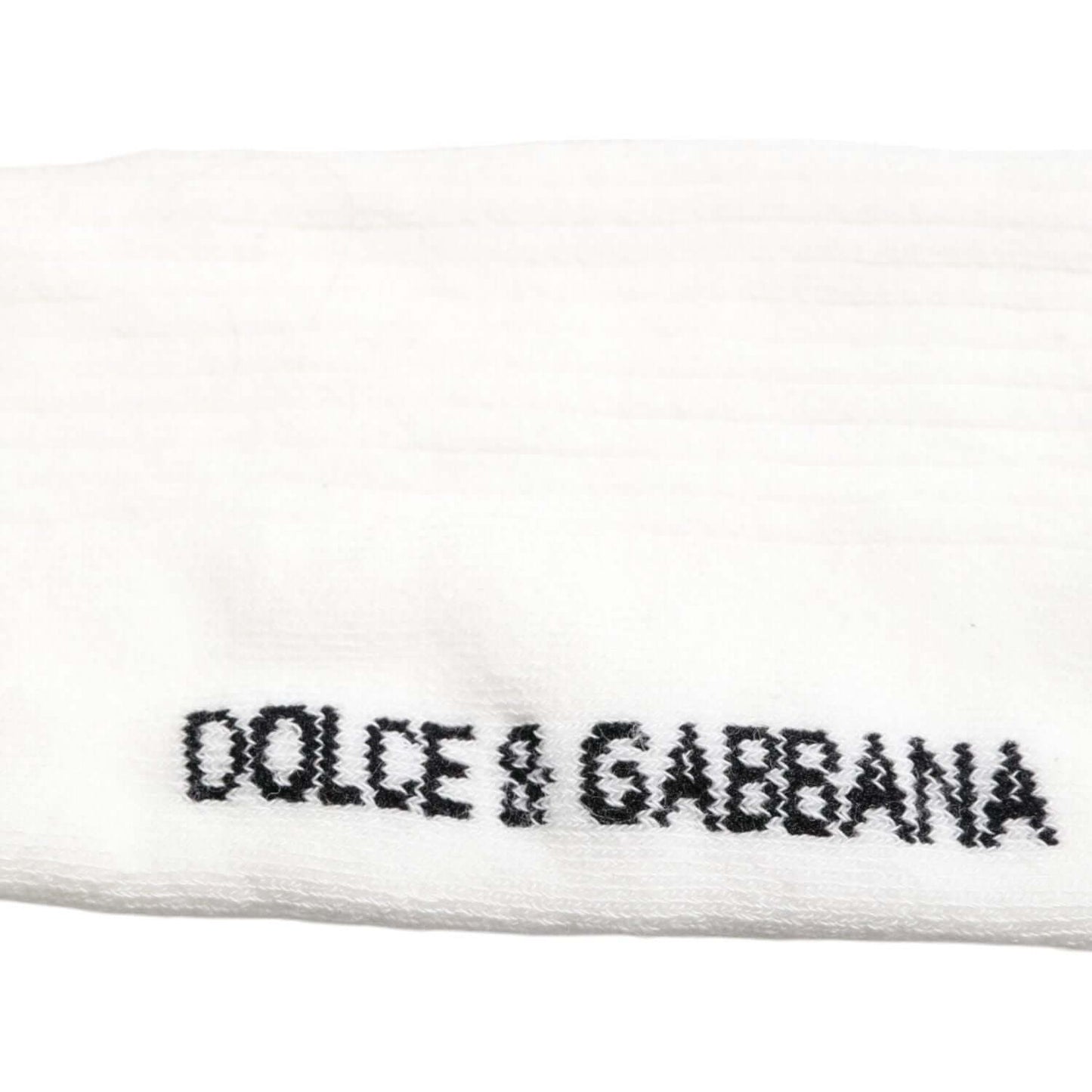 Dolce & Gabbana white mid-calf socks with black logo print, unisex cotton blend, made in Italy.