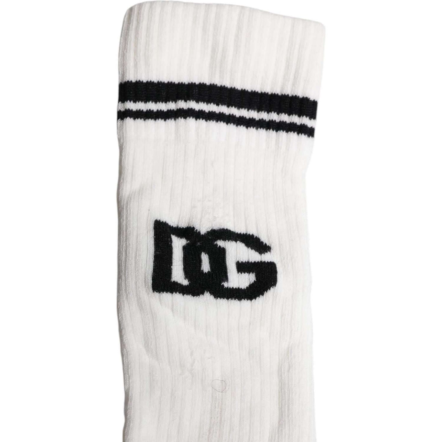Dolce & Gabbana white mid calf socks with black DG logo and stripe design, unisex cotton blend, made in Italy.