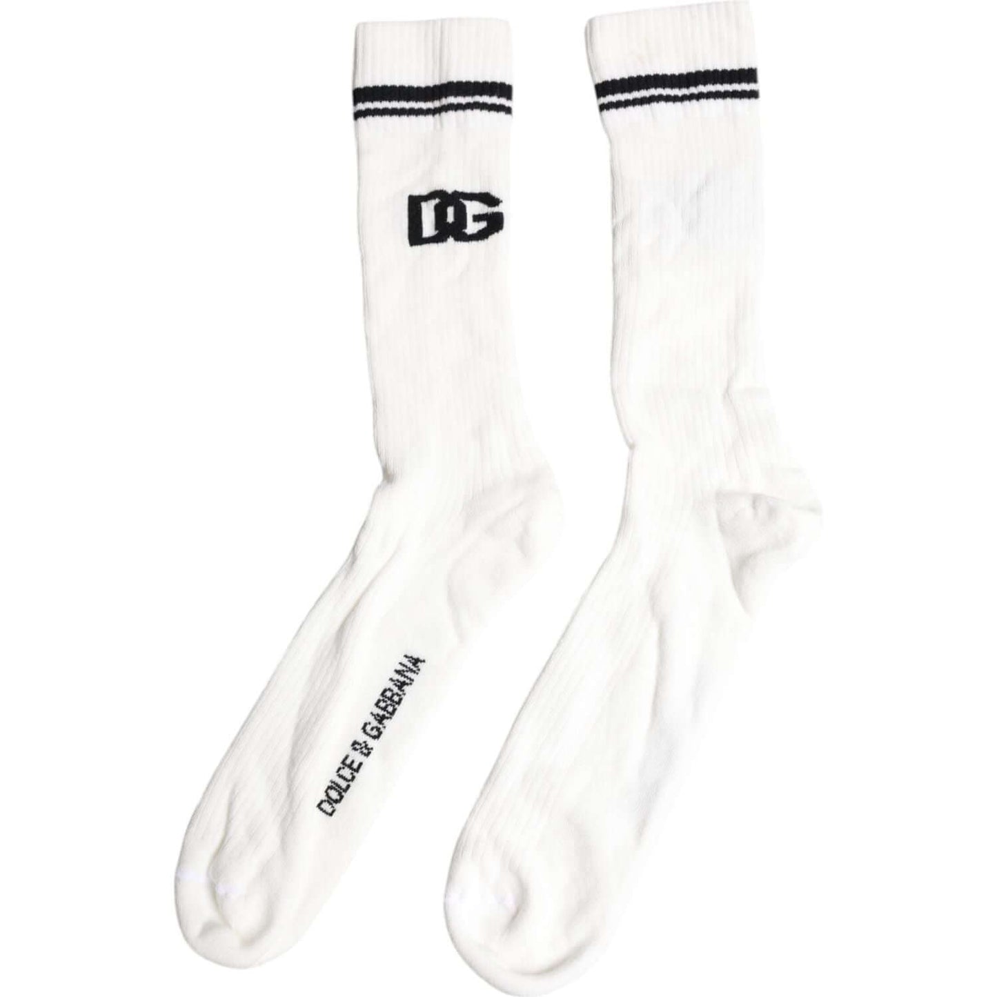 Dolce & Gabbana white mid calf socks with black DG logo print, unisex cotton blend, made in Italy.