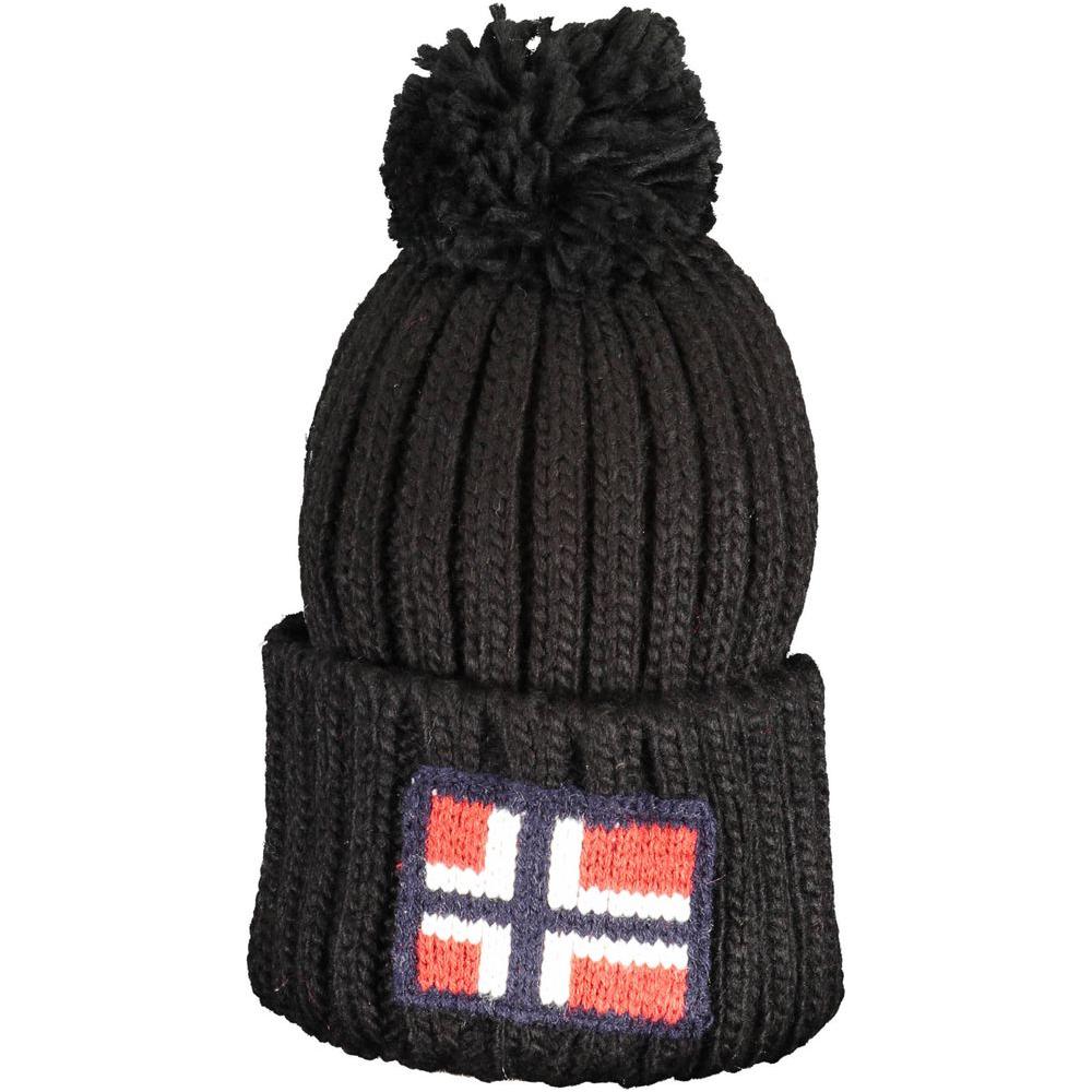 Black acrylic cap with pompon and Norway flag embroidery, 1963 design.