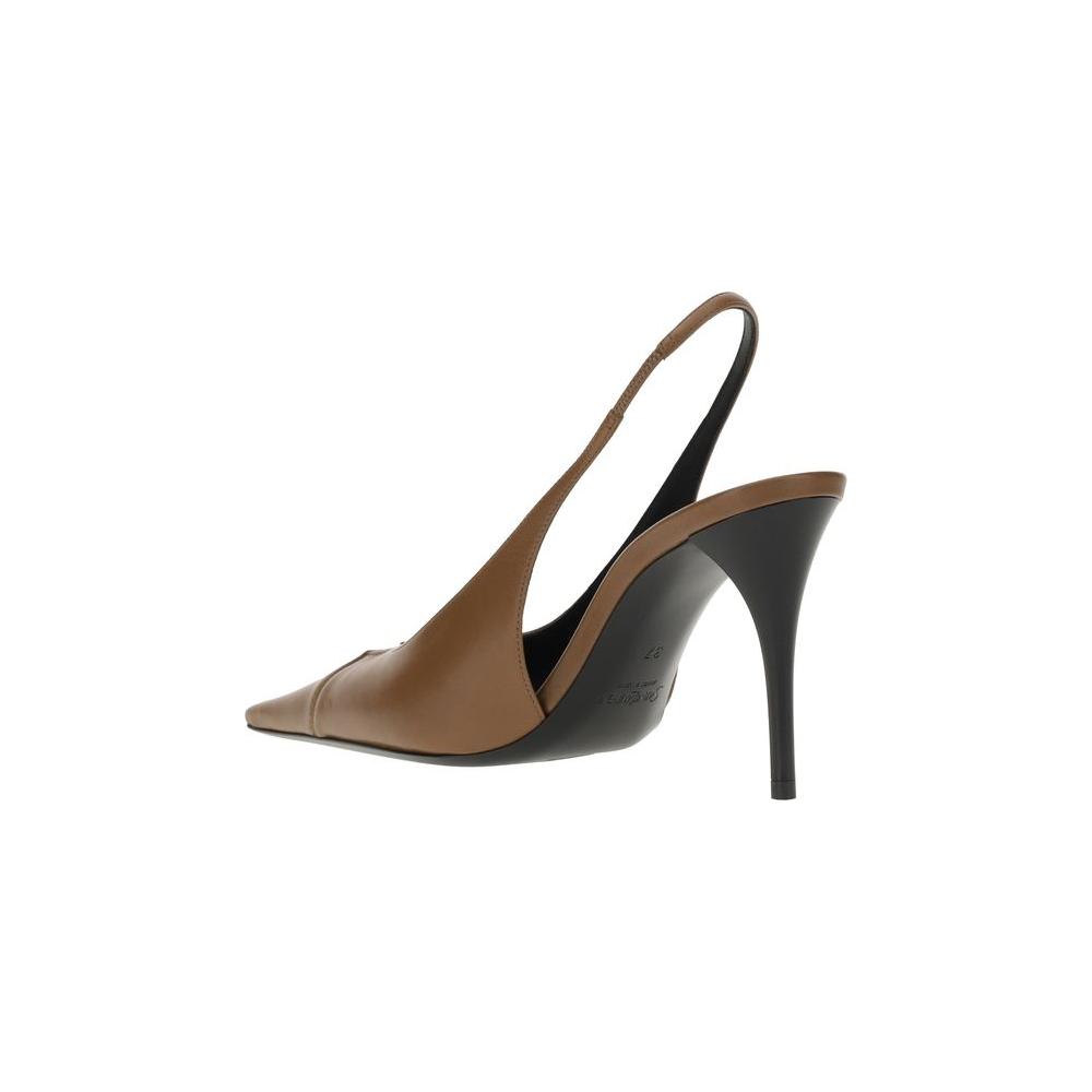 Saint Laurent Babylone Pumps in brown leather with slingback strap and stiletto heel, featuring YSL metallic element.