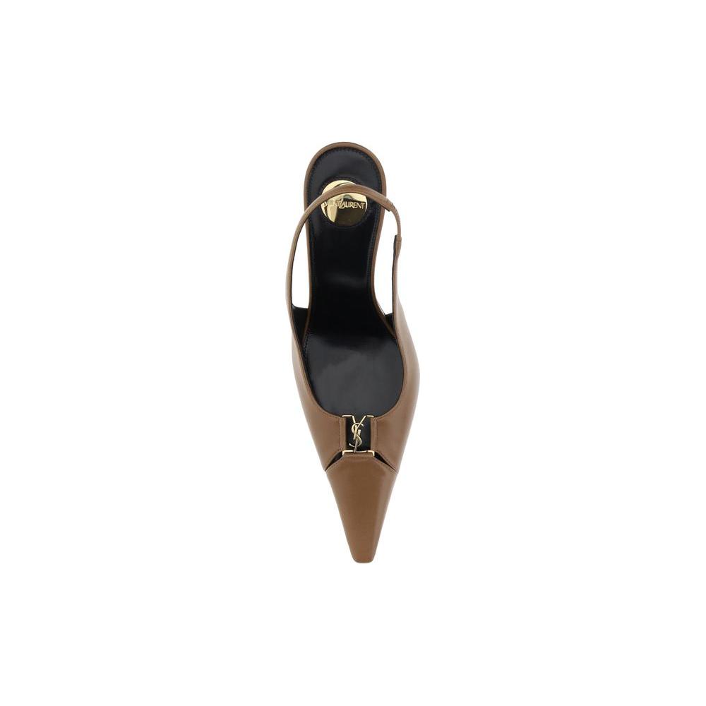 Top view of Saint Laurent Babylone Pumps with YSL metallic element and slingback strap, featuring elongated toe and stiletto heel.