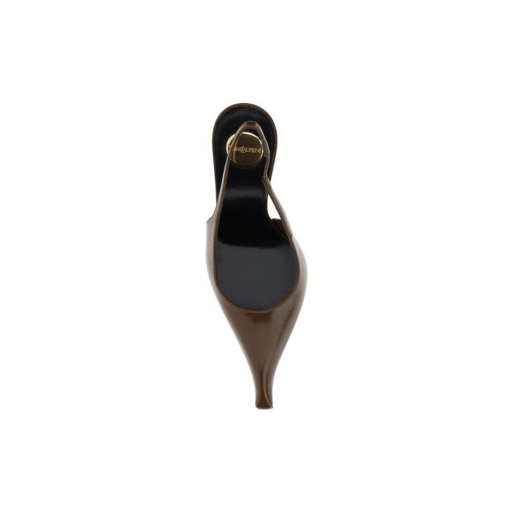 Top view of Saint Laurent Miller Pump with elongated toe and elasticized slingback, featuring a shiny leather finish and logoed insole.