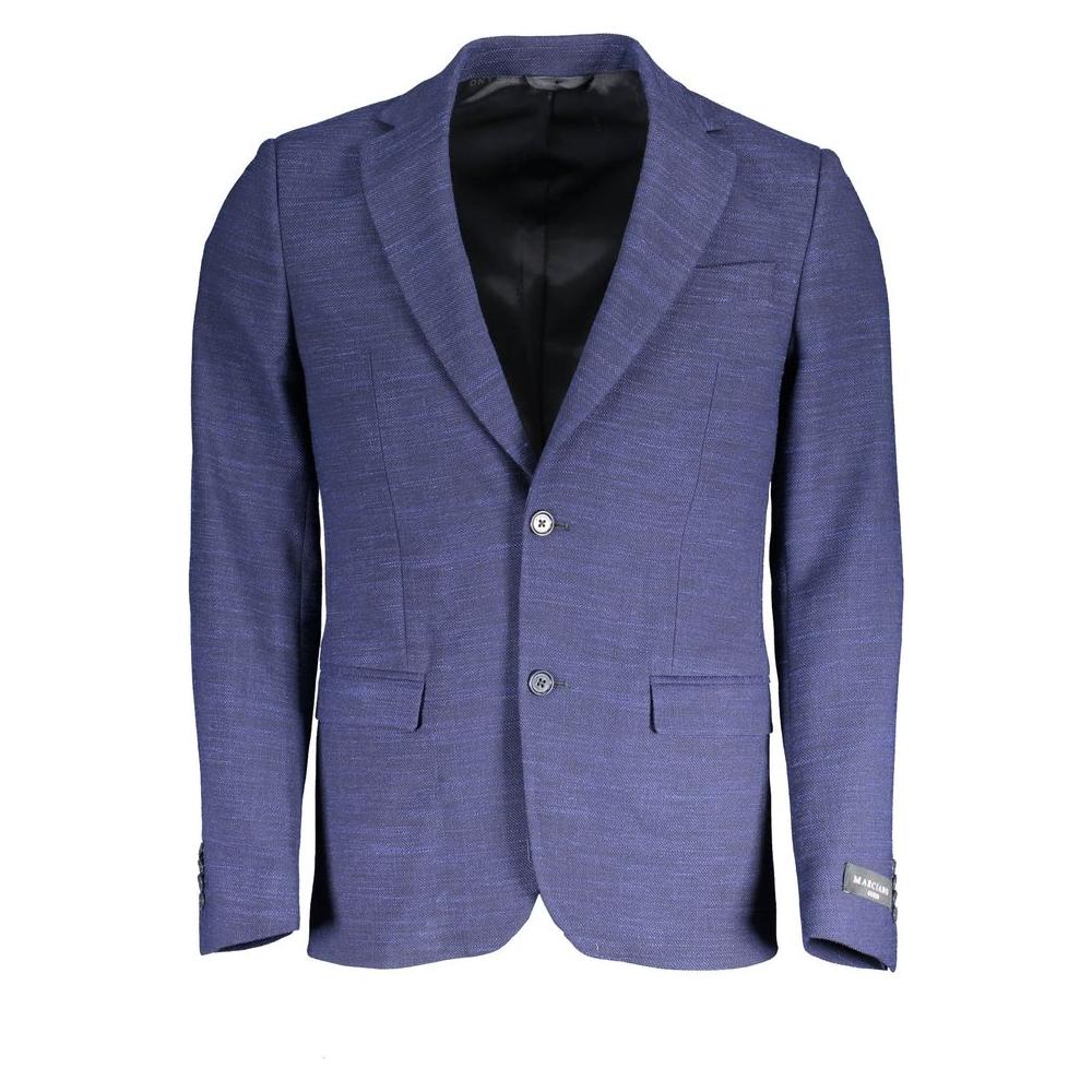 Marciano by Guess blue polyester jacket with classic long sleeves, two external and four internal pockets, and button closure.