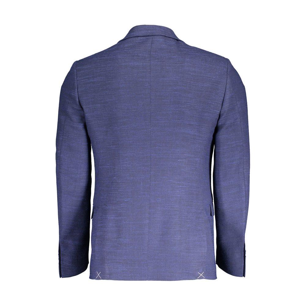 Back view of Marciano by Guess blue polyester jacket with long sleeves, external and internal pockets, and button closure.