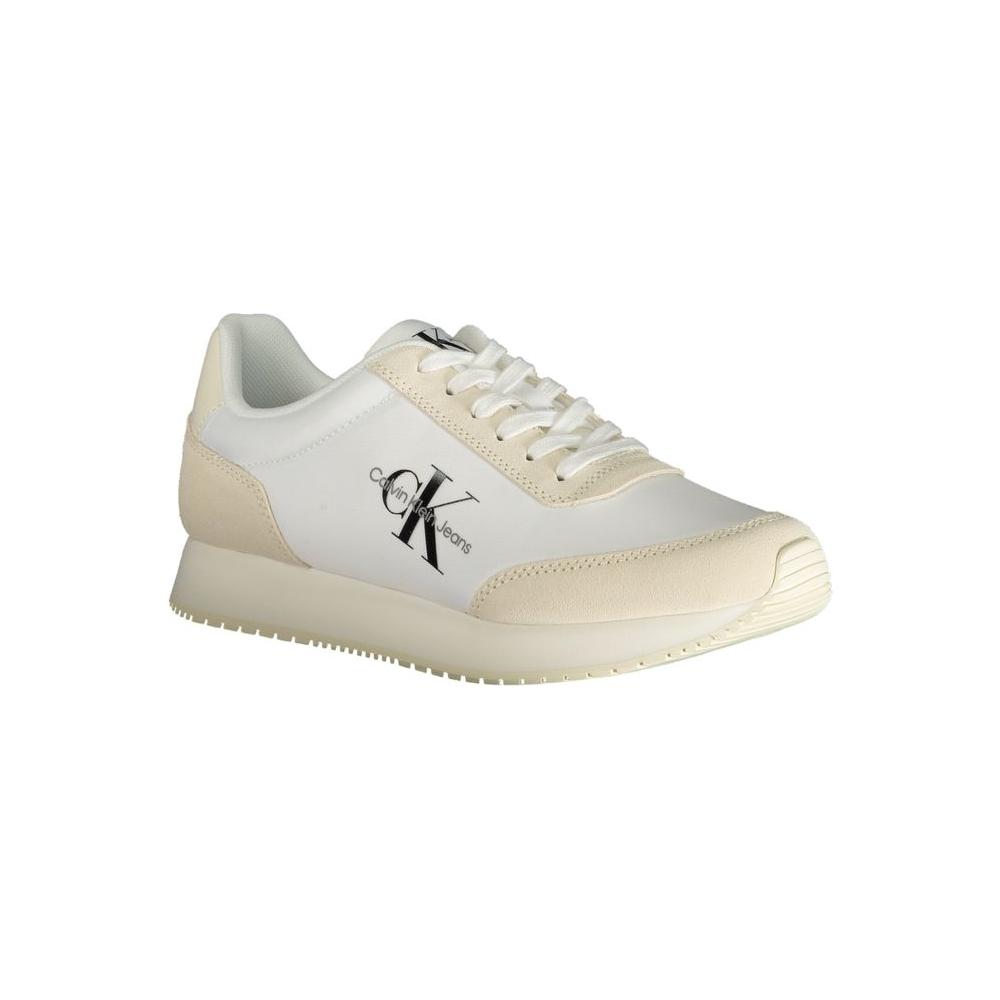 Calvin Klein beige sneaker with laces, contrast details, logo print; made from 50% recycled polyester, ideal sports shoe.