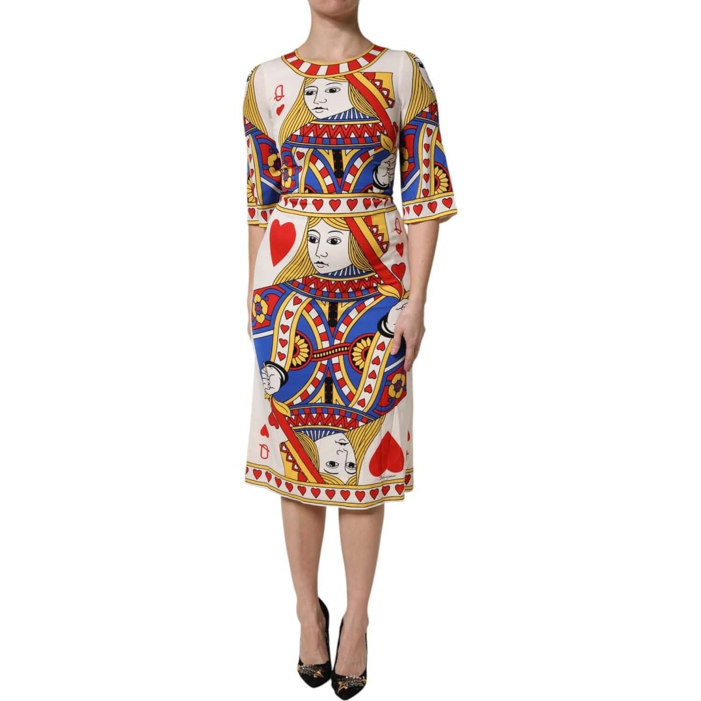 Dolce & Gabbana White Queen of Heart Short Sleeve Midi Dress in silk with colorful playing card print, made in Italy.