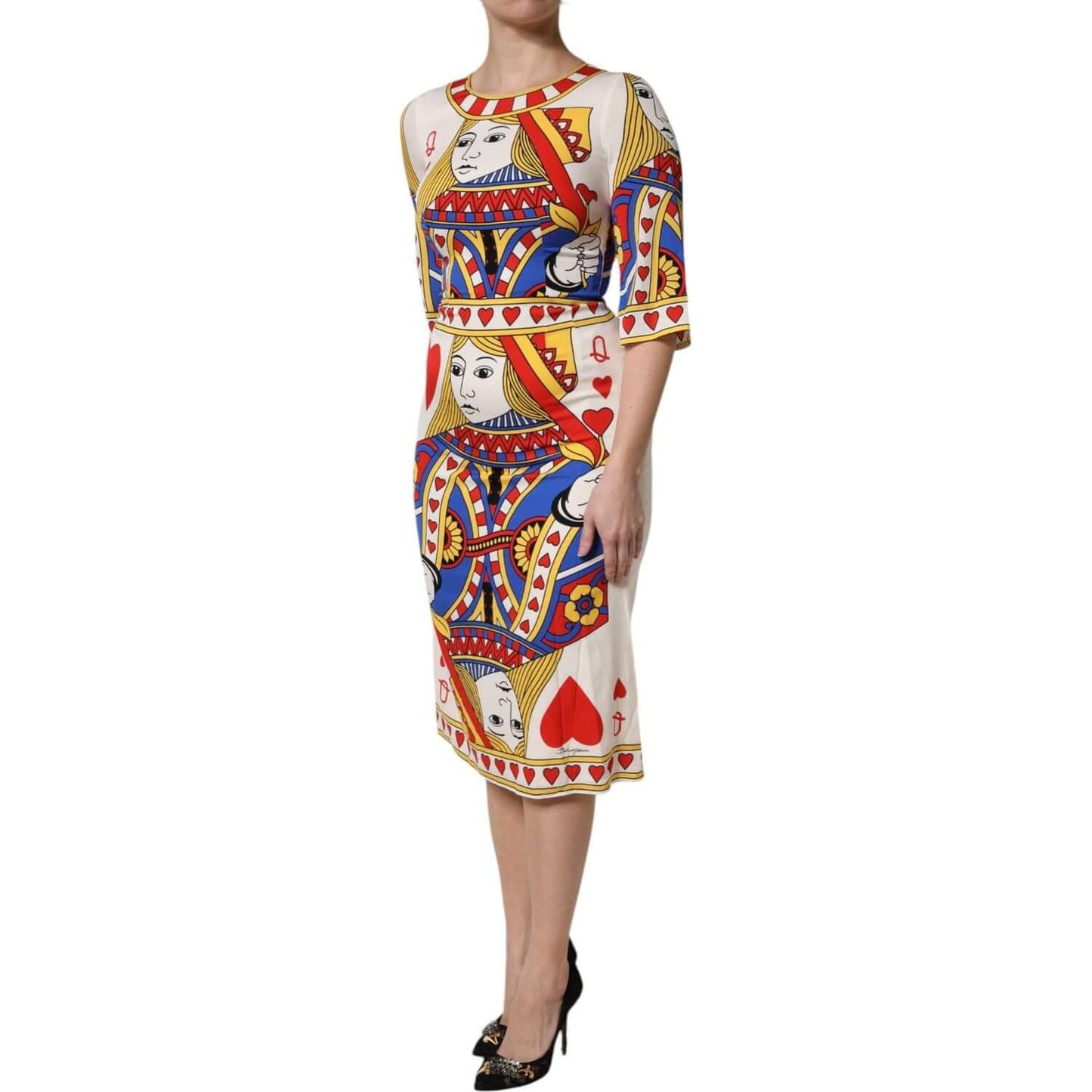 Dolce & Gabbana White Queen Of Heart Midi Dress, silk blend, vibrant card print, exclusive designer fashion for women