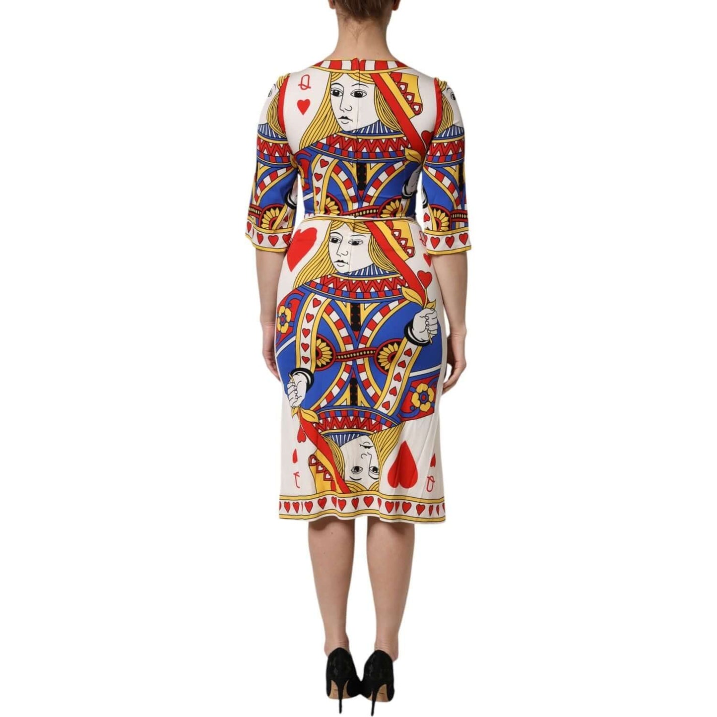 Dolce & Gabbana White Queen Of Heart Short Sleeve Midi Dress, silk blend, Italy, elegant design with playing card print, back view.