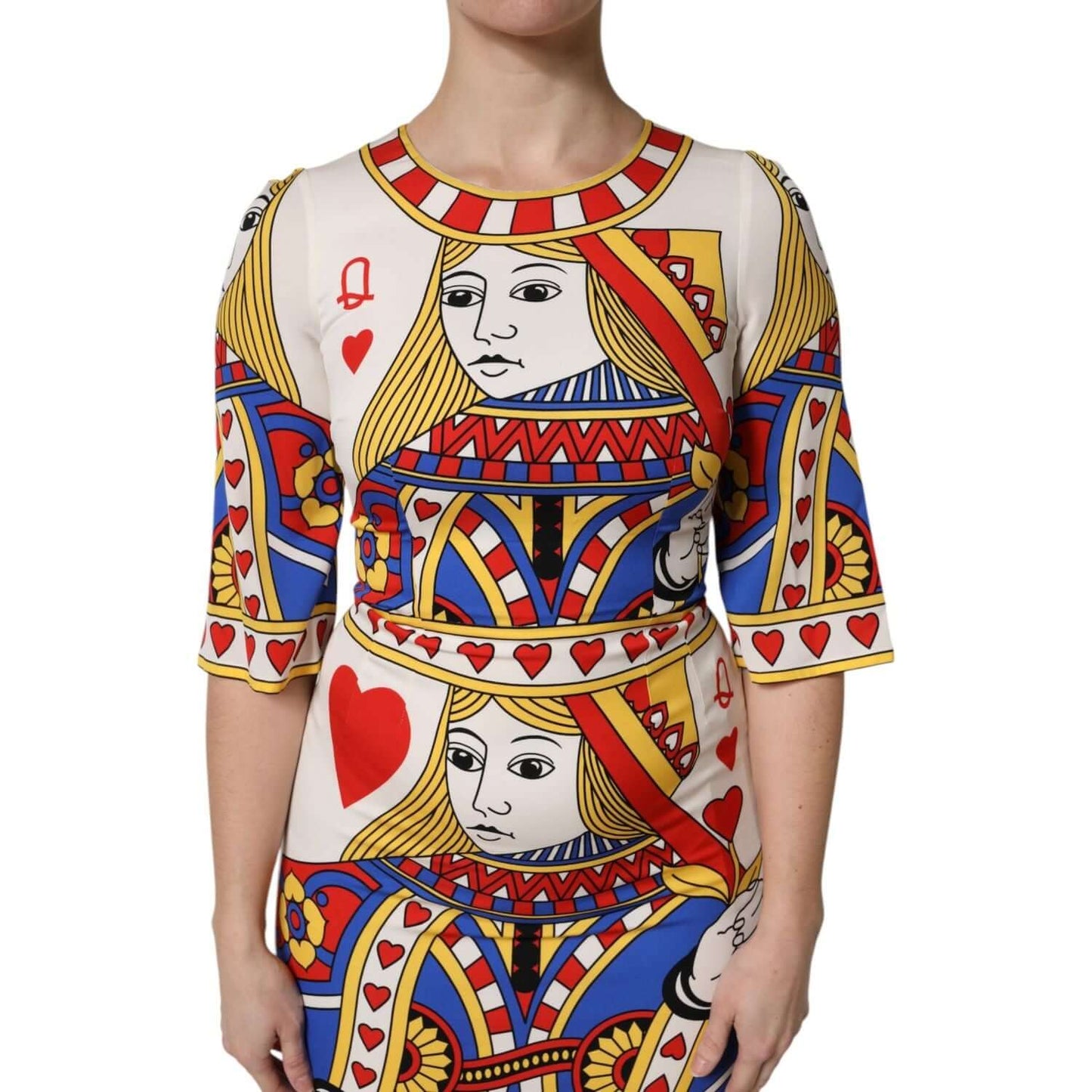 Dolce & Gabbana Queen of Hearts white silk midi dress with short sleeves and vibrant print, featuring zipper closure and logo details.