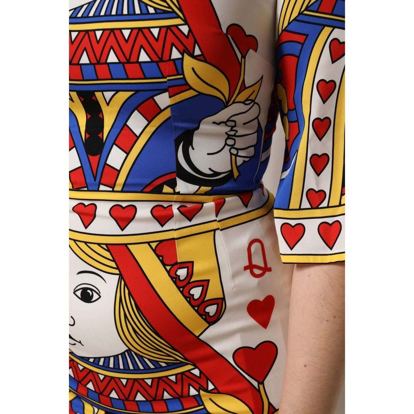 Dolce & Gabbana White Queen of Heart Printed Midi Dress Close-up, Short Sleeves, Silk, Made in Italy, Fashion Detail