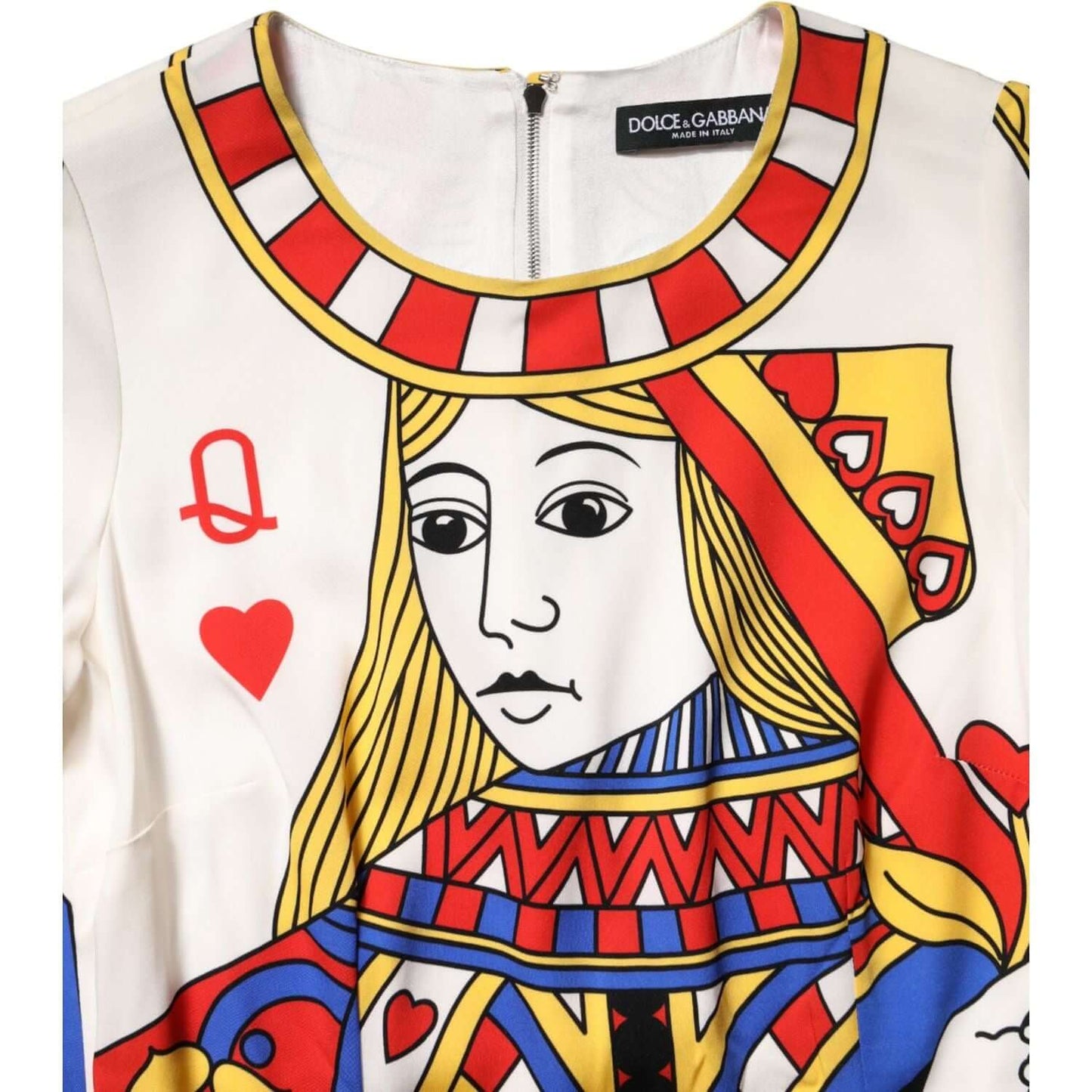 Dolce & Gabbana White Queen Of Heart Midi Dress with printed design, short sleeves, zipper closure, and high-quality craftsmanship.