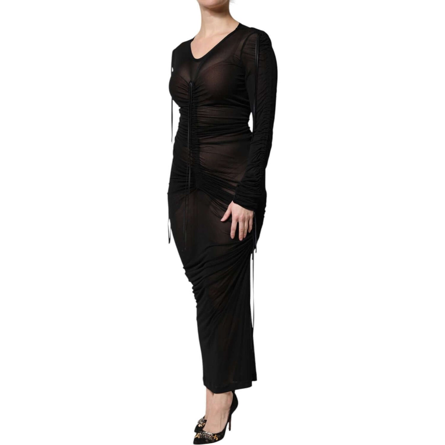 Dolce & Gabbana black mesh trim bodycon sheath dress, long sleeves, luxe Italian craftsmanship, zipper closure, exclusive design.
