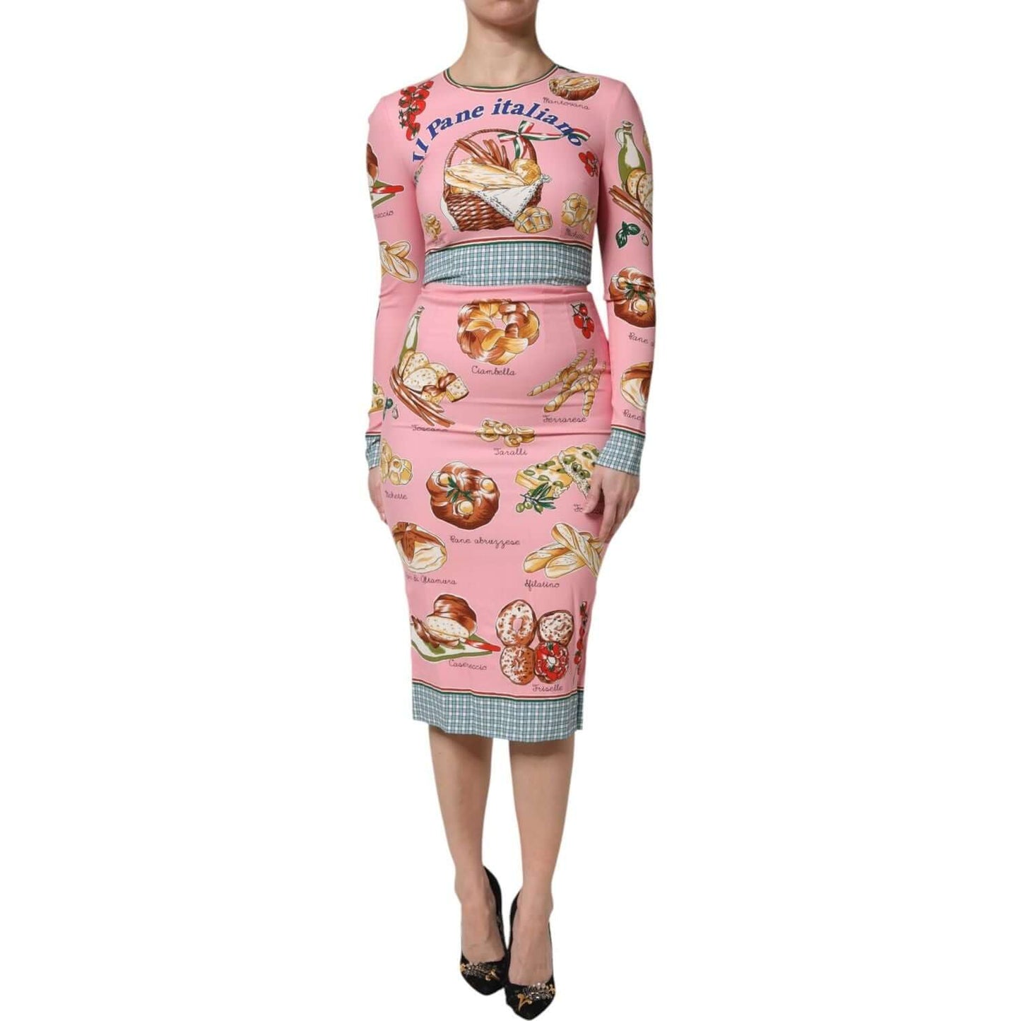 Dolce & Gabbana Pink Pastry Print Bodycon Sheath Midi Dress with Long Sleeves and Zipper Closure