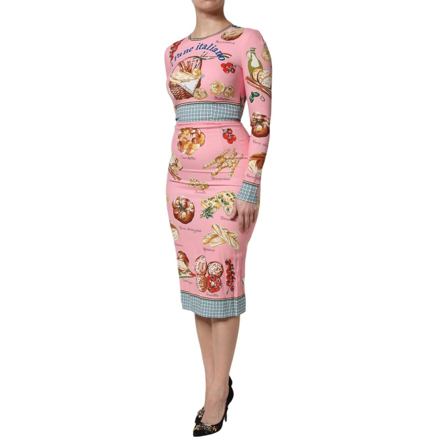 Dolce & Gabbana pink pastry print bodycon sheath midi dress with long sleeves, silk blend, zipper closure, made in Italy.