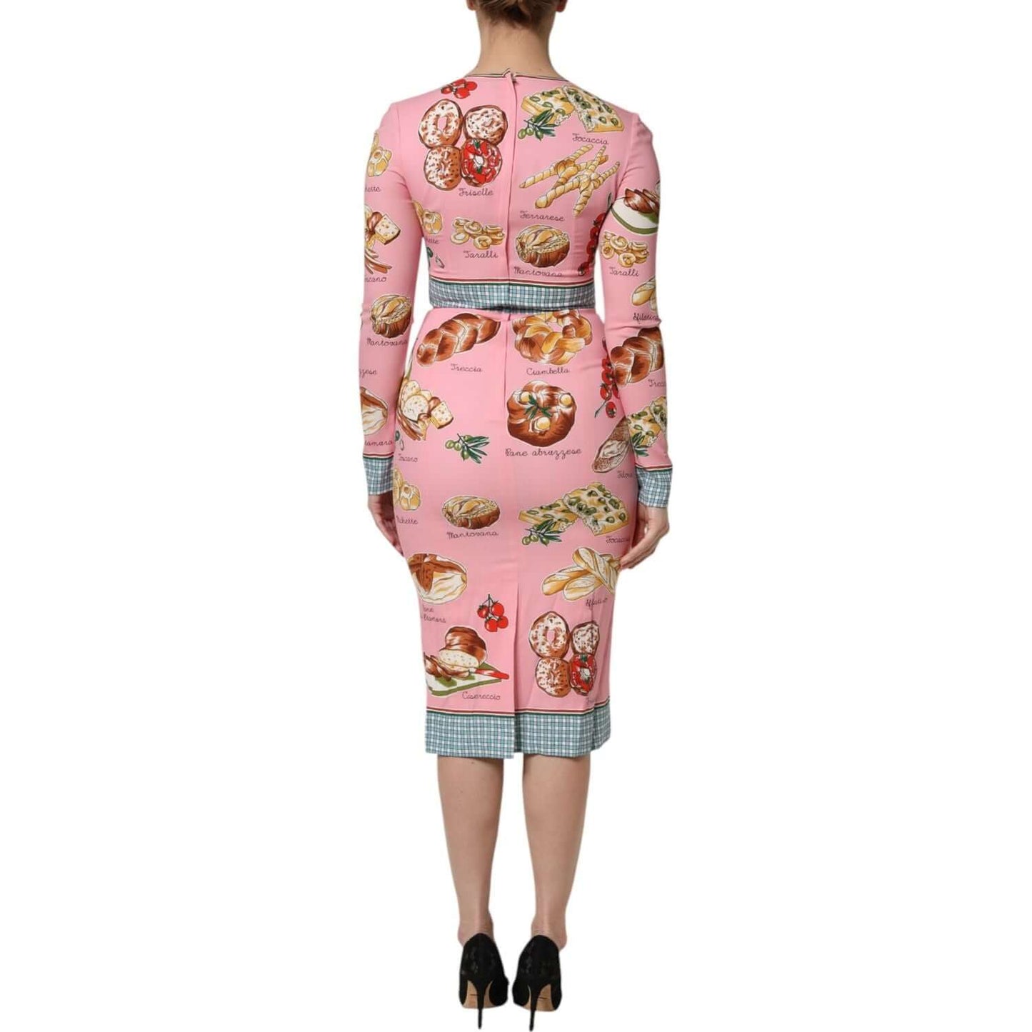 Back view of Dolce & Gabbana pink pastry print bodycon sheath midi dress with long sleeves and zipper closure.