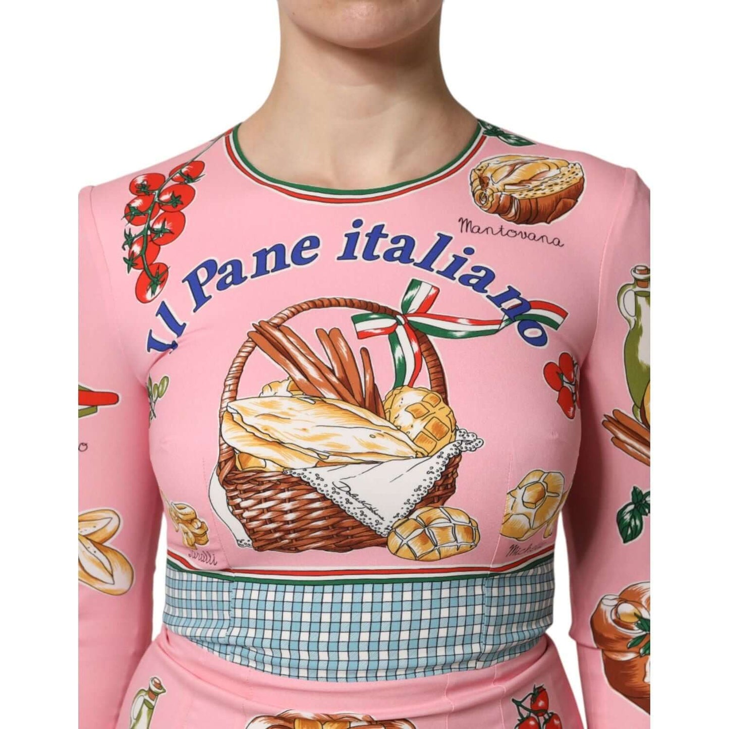 Dolce & Gabbana pink pastry print bodycon midi dress with Italian bread theme and long sleeves, 95% silk blend, made in Italy.