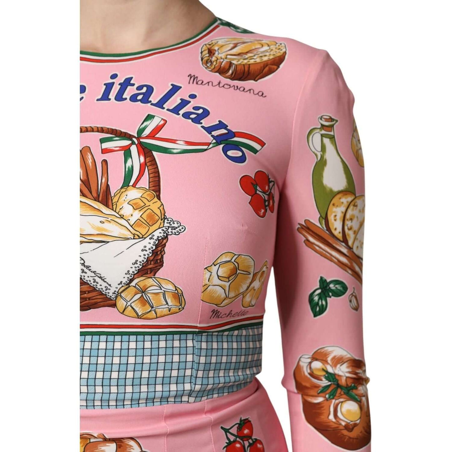 Dolce & Gabbana Pink Pastry Print Bodycon Dress with Italian motifs, featuring bread and olive oil design, long sleeves, close-up view.