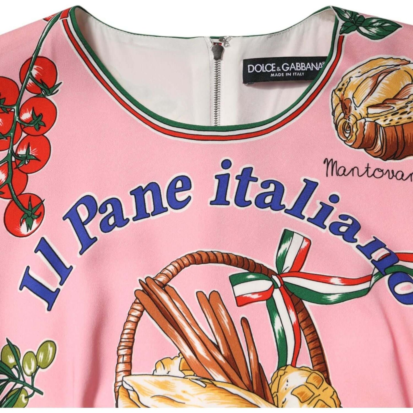 Dolce & Gabbana pink pastry print bodycon sheath midi dress, featuring Italian bread and tomato design, zipper closure, and logo detail.