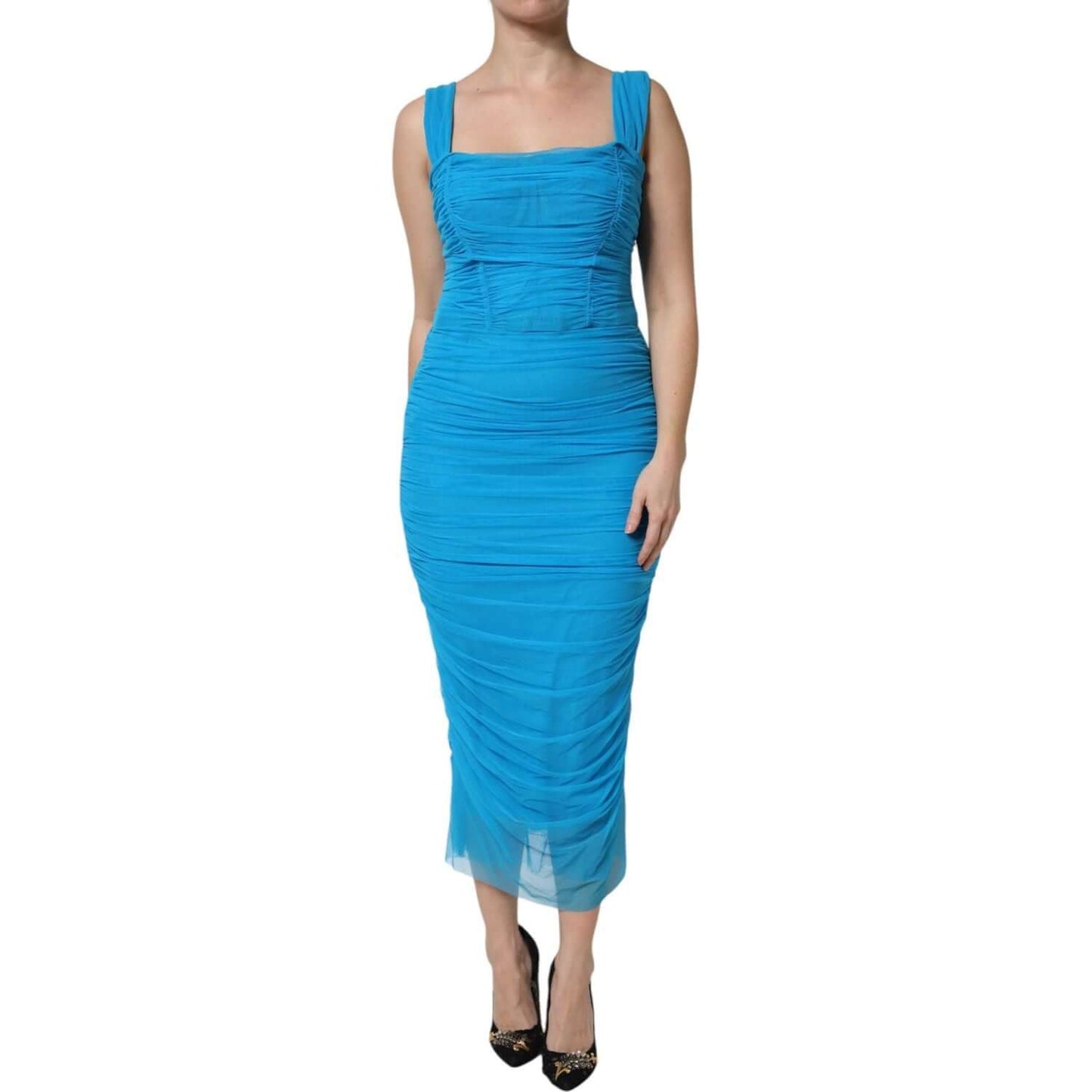 Dolce & Gabbana blue ruched tulle sheath dress with mesh trim, sleeveless, bodycon style, zipper closure, made in Italy.