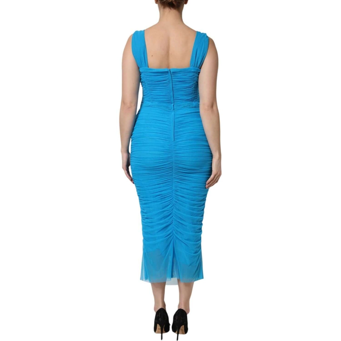 Back view of Dolce & Gabbana blue mesh trim ruched tulle sheath dress, sleeveless bodycon design, made in Italy.