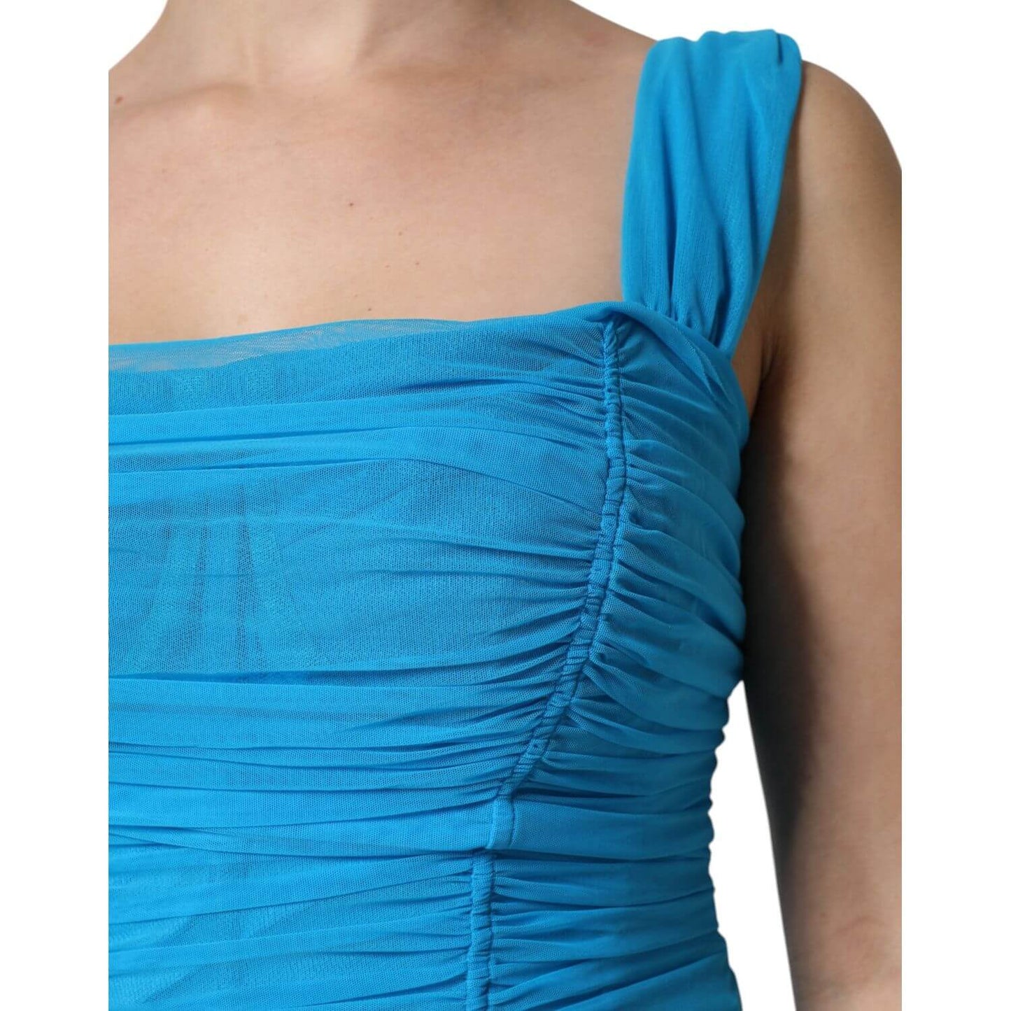 Close-up of Dolce & Gabbana blue mesh trim ruched tulle sheath dress