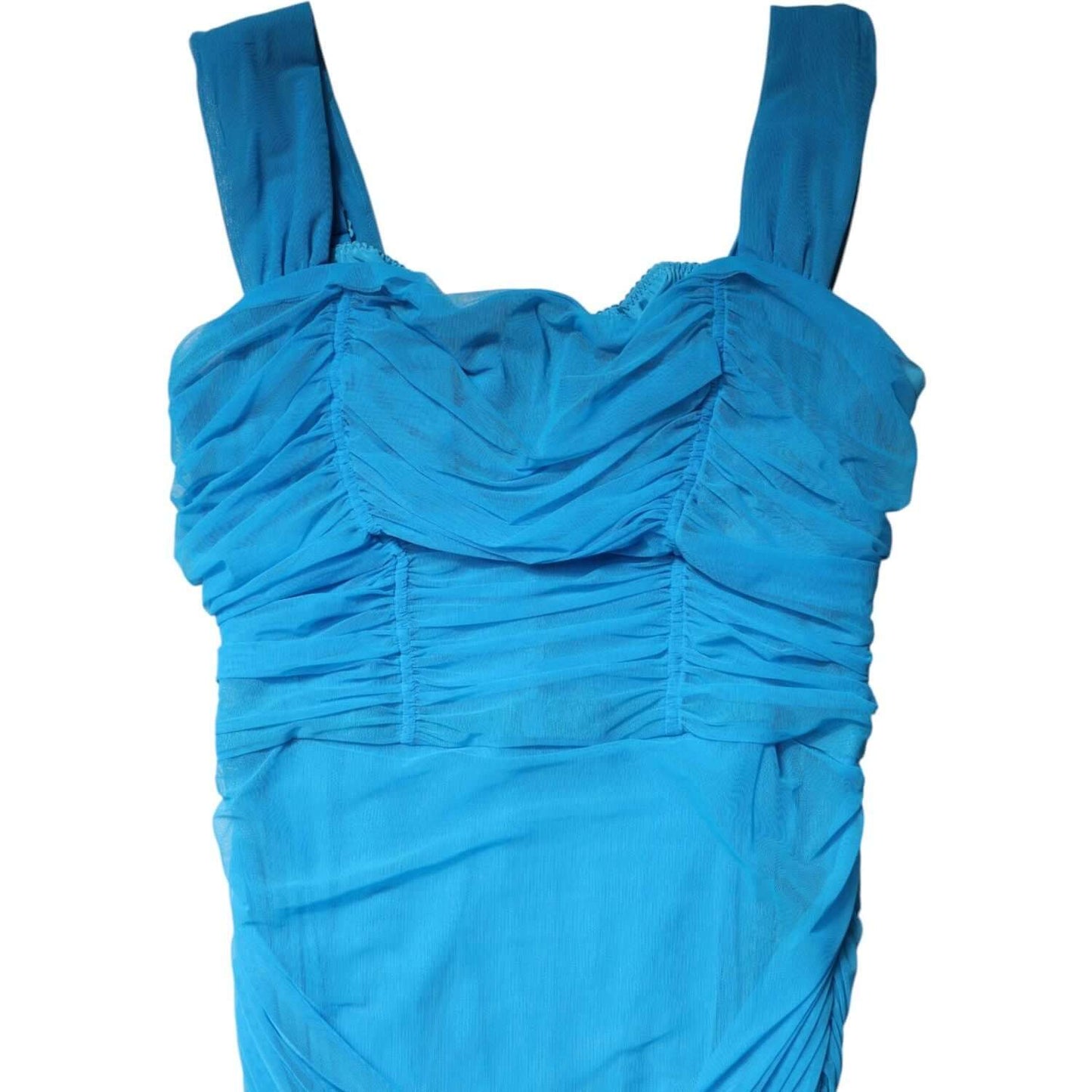 Dolce & Gabbana blue ruched tulle sheath dress with mesh trim and logo details, sleeveless bodycon style, made in Italy.