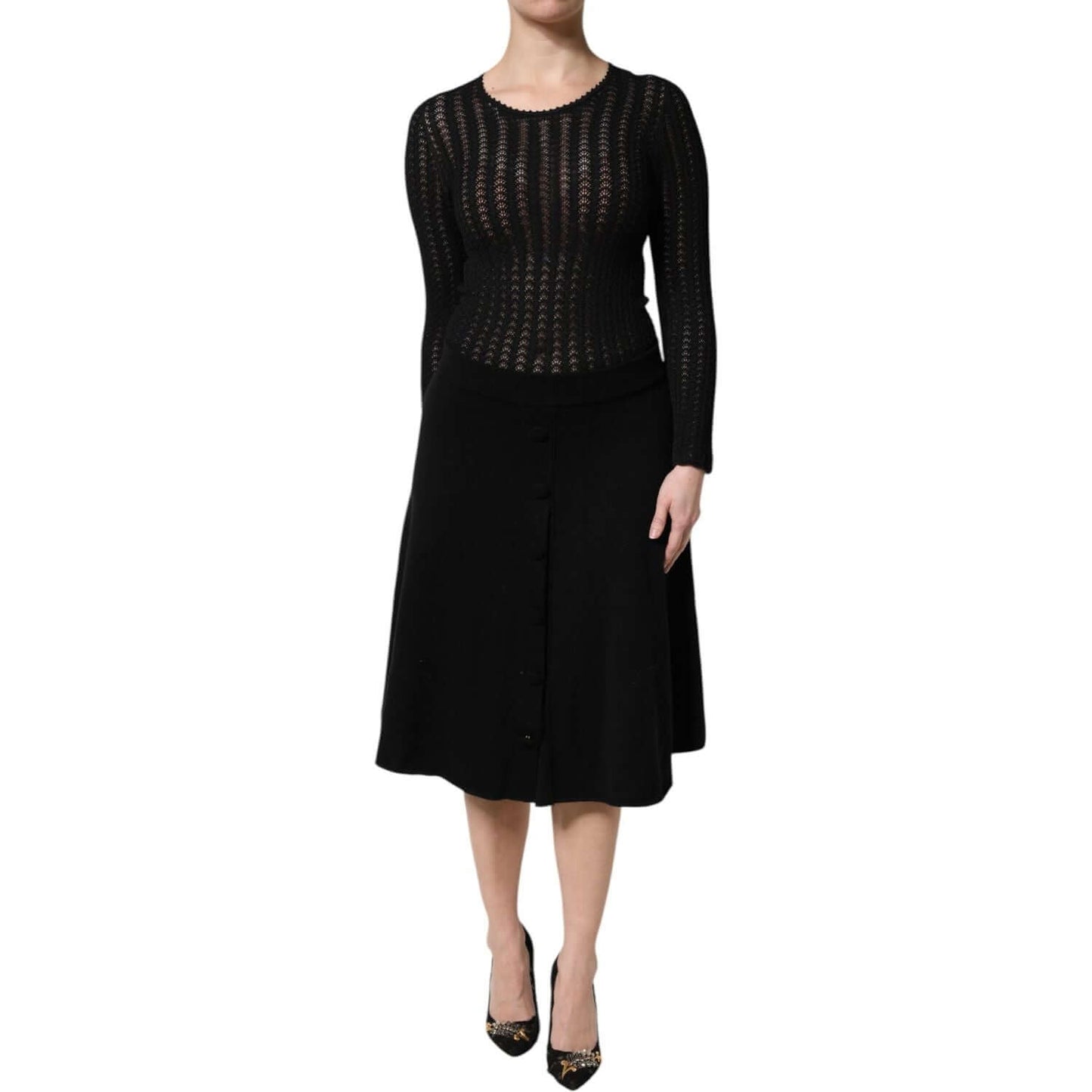 Dolce & Gabbana black cashmere long sleeve A-line midi dress with zipper closure, modeled front view, high craftsmanship.