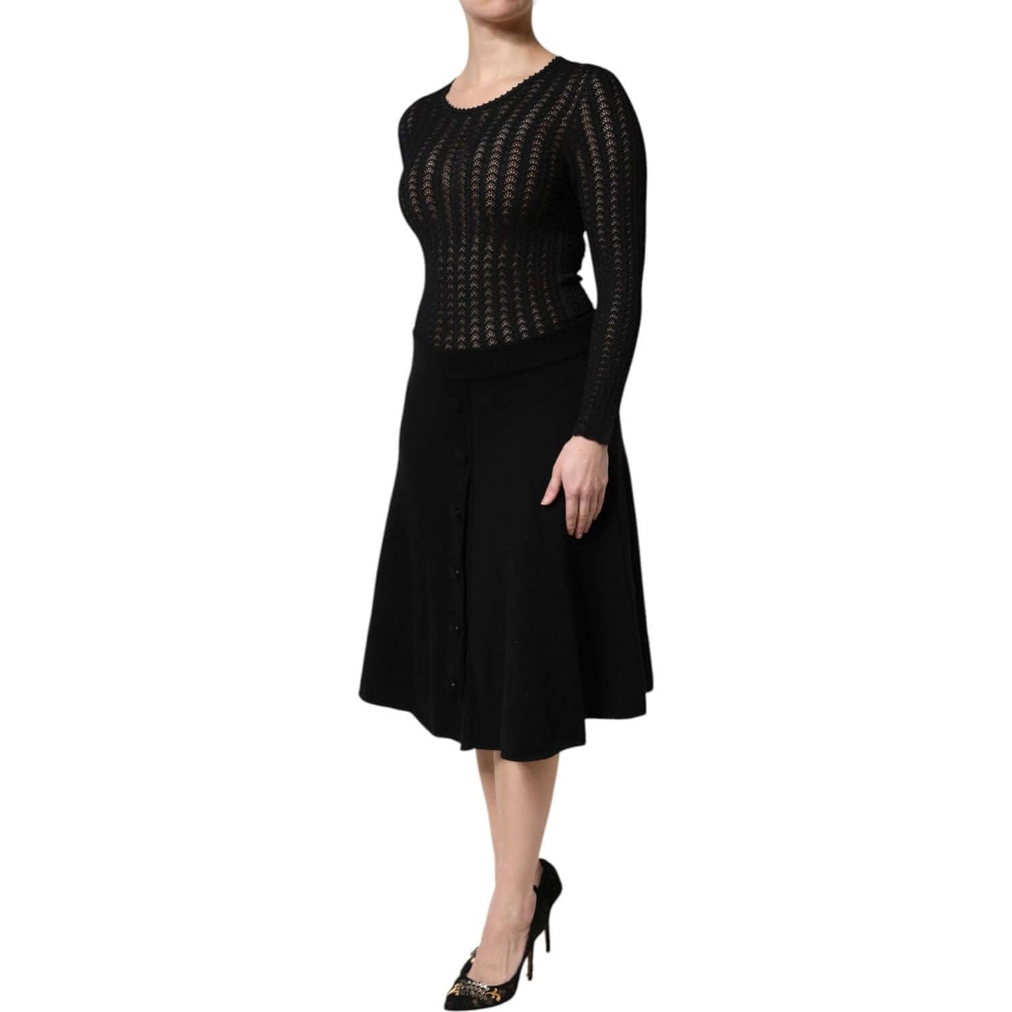 Dolce & Gabbana black cashmere A-line midi dress with long sleeves and zipper closure, featuring logo details, made in Italy.
