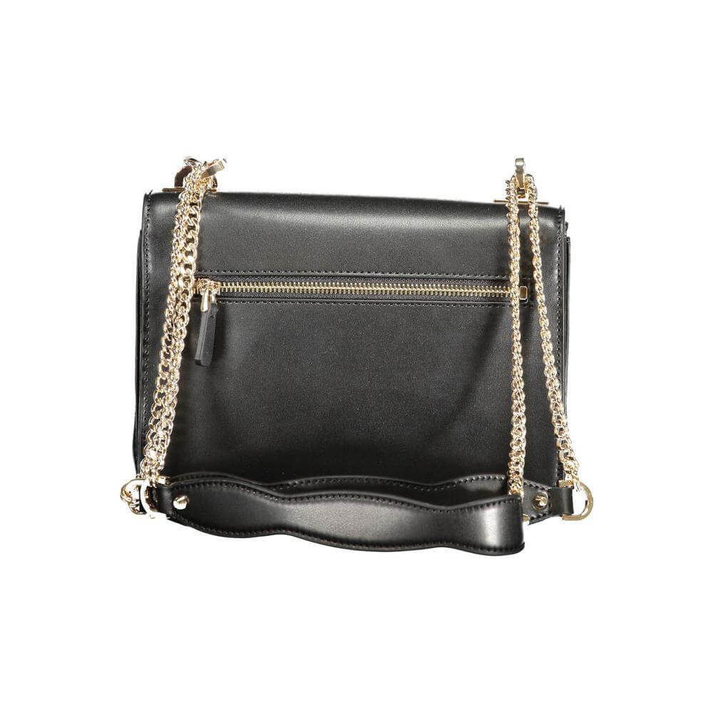 Back view of Guess Jeans Eliette black handbag with chain shoulder strap and external pocket.