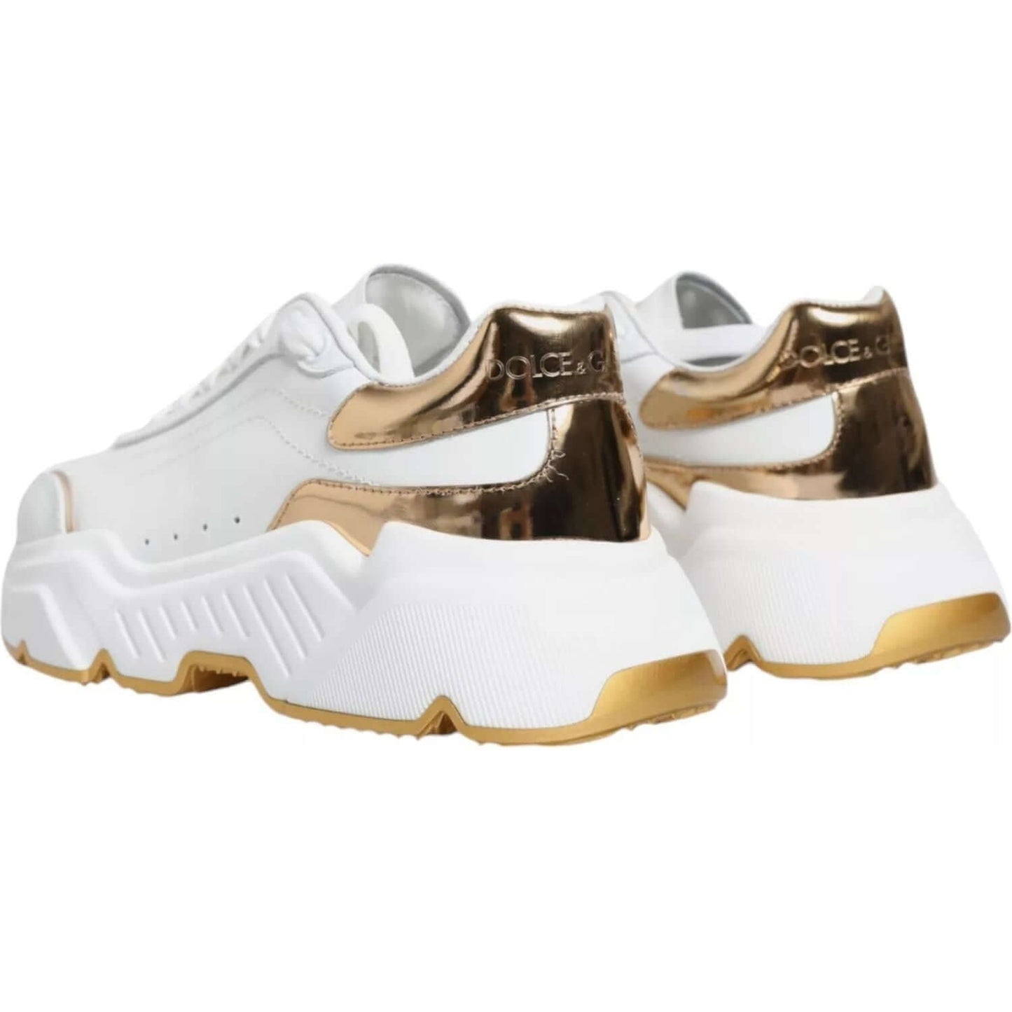 Dolce & Gabbana Daymaster sneakers in white and gold calf leather with rubber sole and logo detailing, rear view.