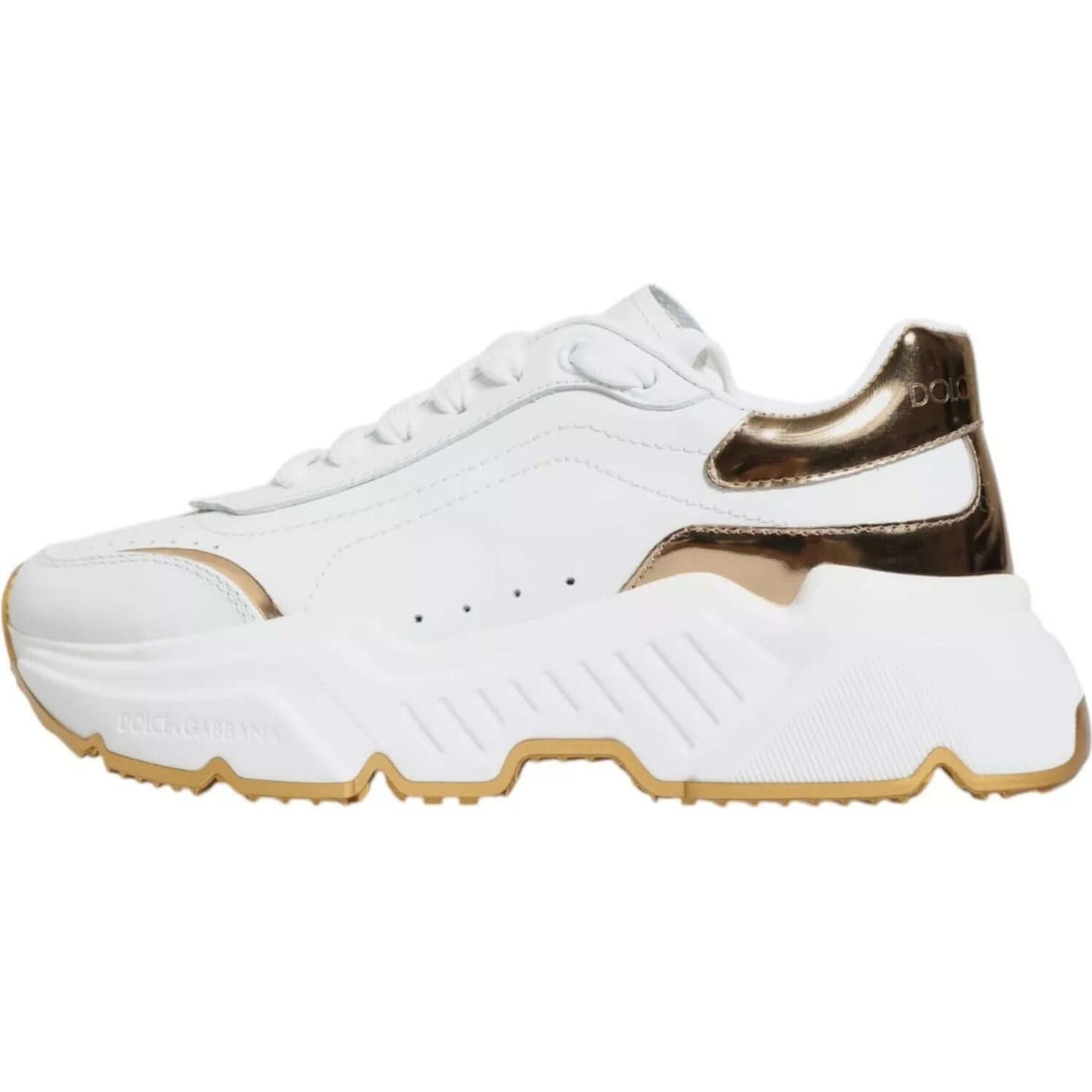 Dolce & Gabbana white gold Daymaster low-top sneakers with rubber sole and logo details, crafted from calf leather and polyester.