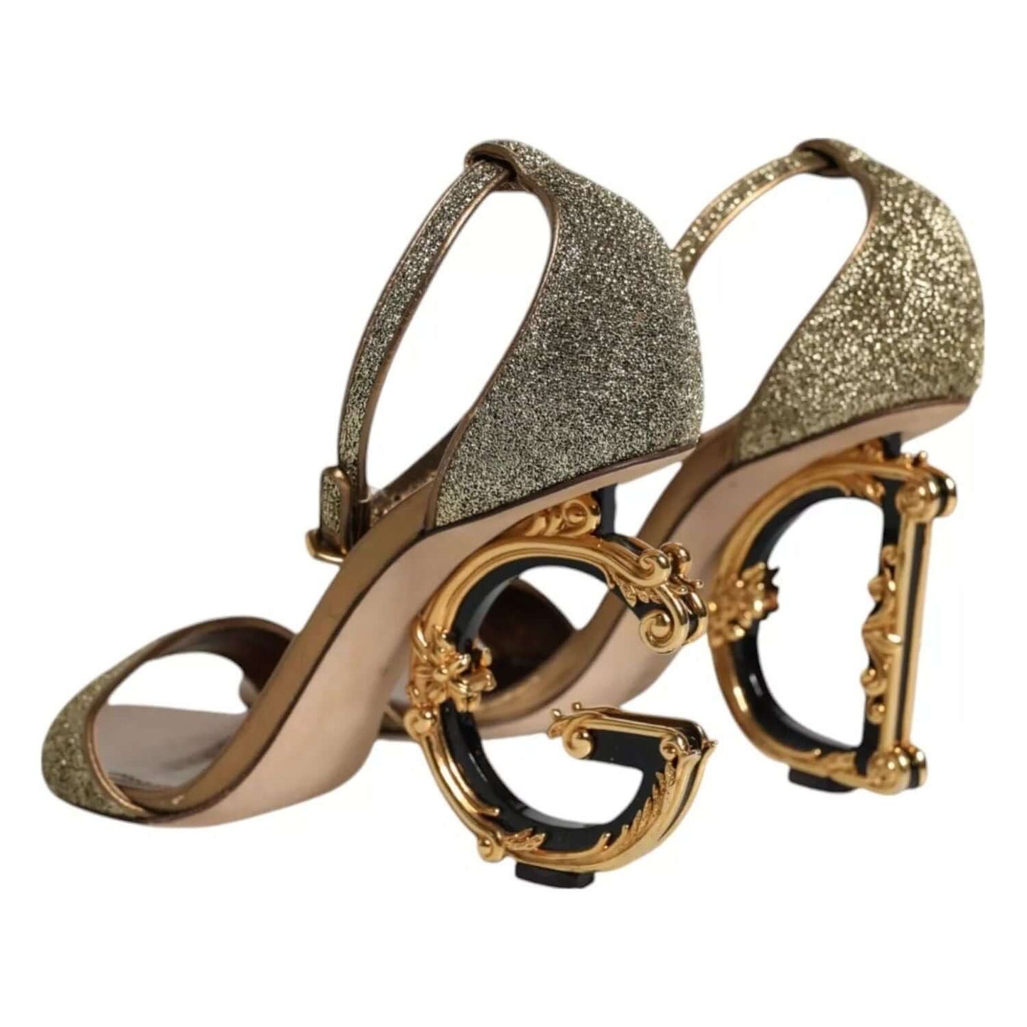 Dolce & Gabbana gold lurex ankle strap heel sandals with logo detail and leather sole, luxurious Italian craftsmanship.