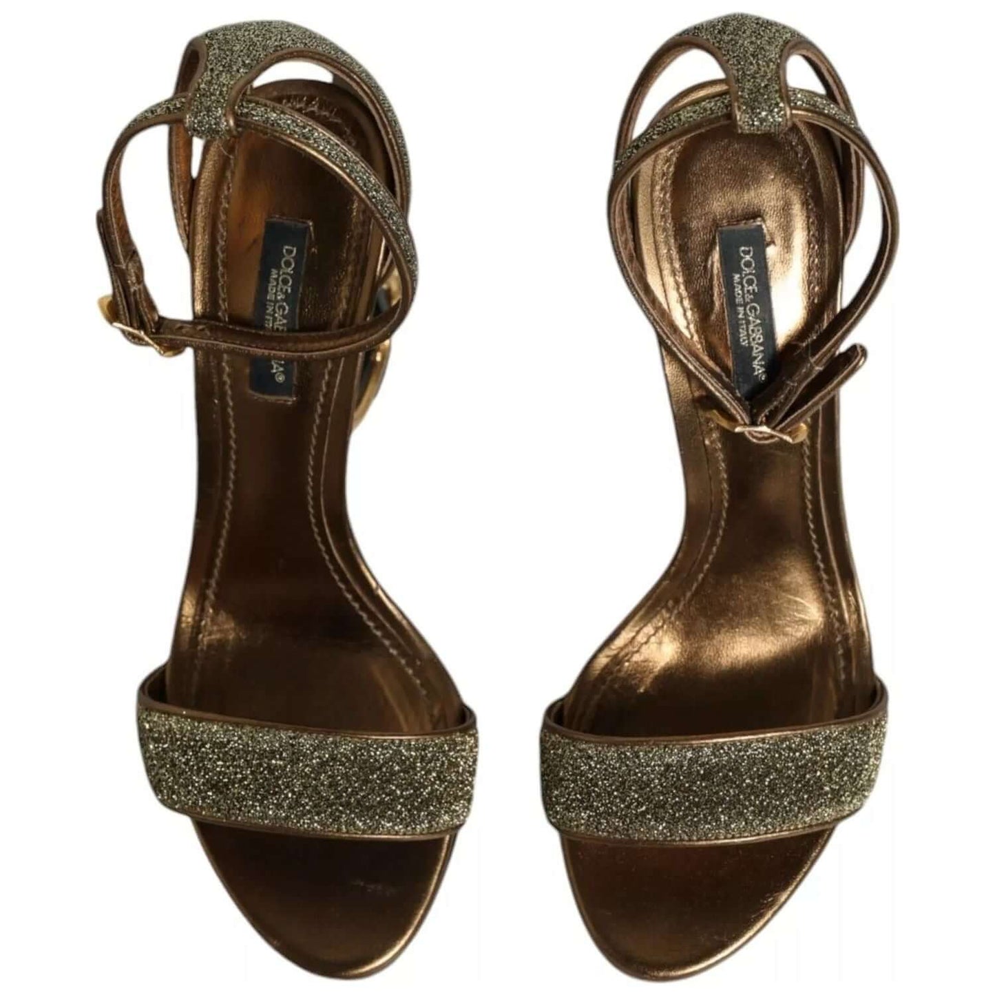 Dolce & Gabbana gold lurex ankle strap heel sandals with logo detail and leather sole, preowned, lightly worn. Made in Italy.