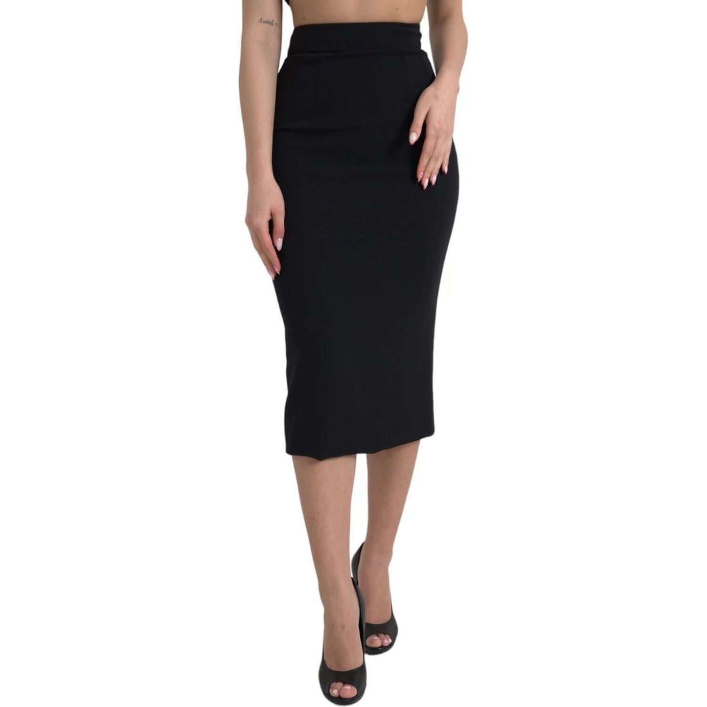 Dolce & Gabbana black wool high waist pencil cut midi skirt with back zipper, featuring minor thread pulls, party wear fashion.