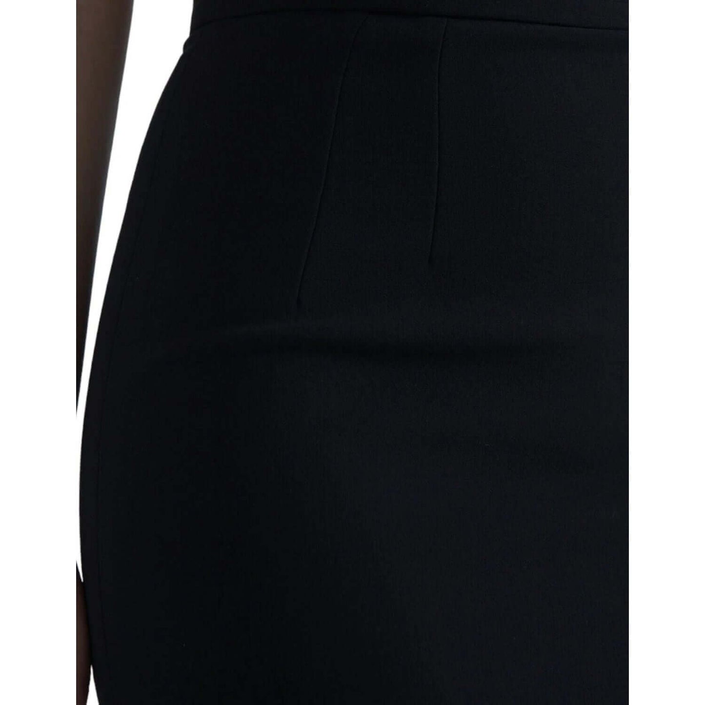 Dolce & Gabbana black wool high waist midi skirt detail showing minor defect with pulled threads, elegant party fashion.