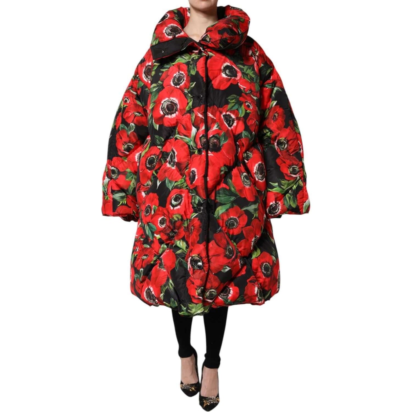 Dolce & Gabbana multicolor floral padded jacket, full zip, long sleeves, red and black flowers, luxury fashion, made in Italy.
